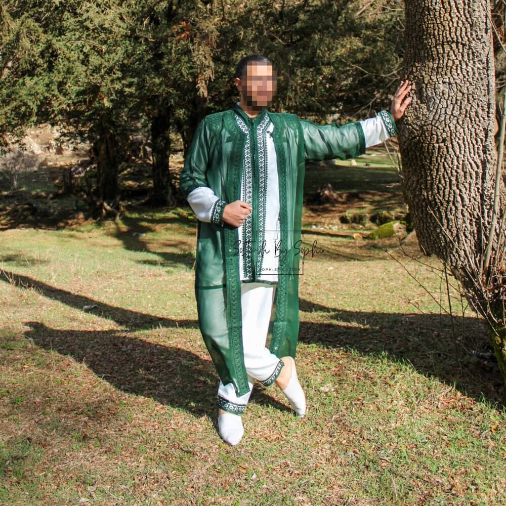 Jabador men ,nikkah outfit, Moroccan kaftan Three Pieces Set - Green