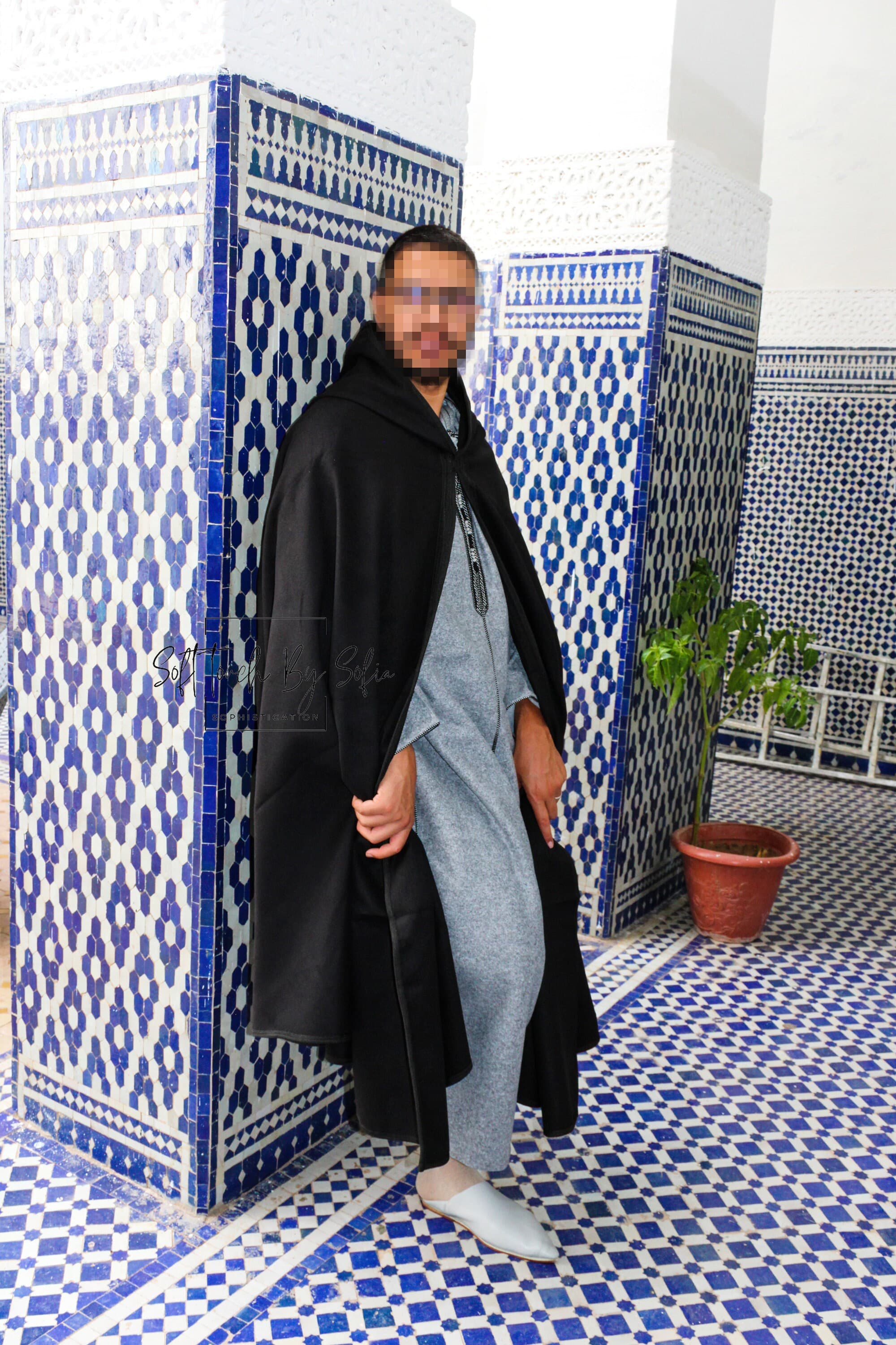 hooded winter cloak , selham, cloak with hood ,Moroccan burnous-BLACK