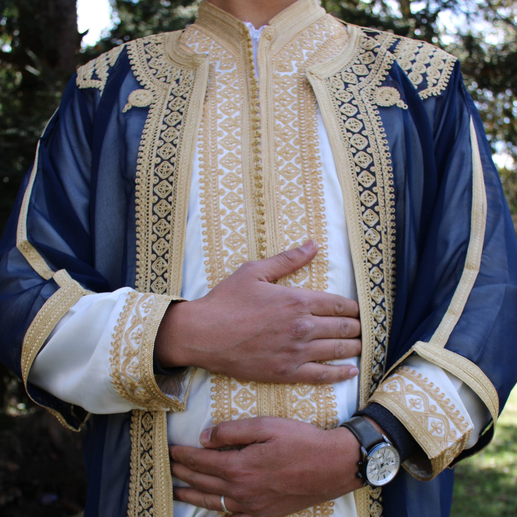 Navy Blue & Gold Moroccan Jabador - Elegant 3-Piece Groom Set for Wedding - image 3
