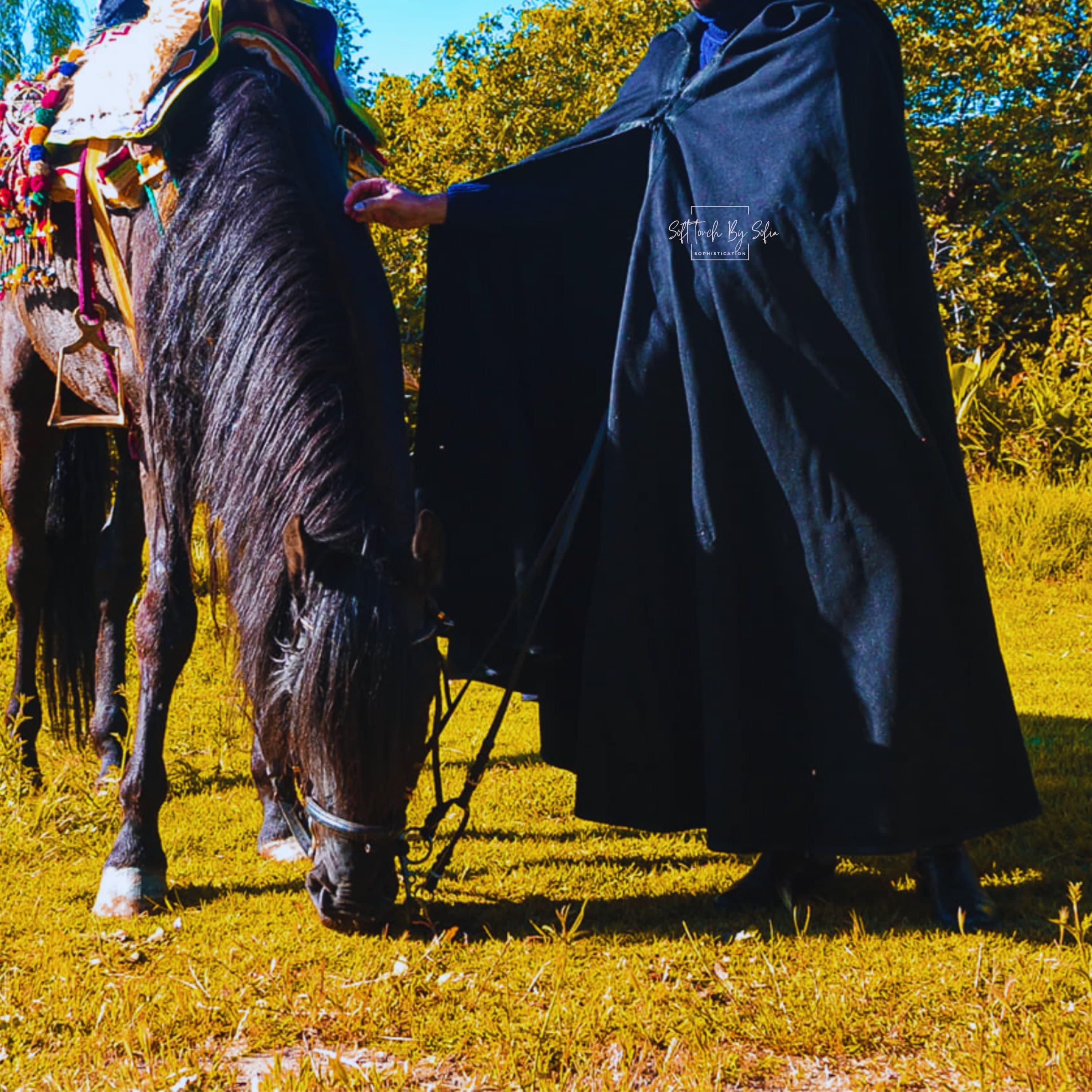 black cloak with hood, selham,Moroccan burnous ,winter cape men