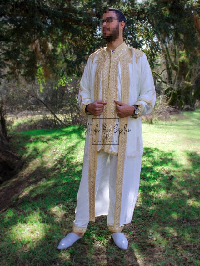 Jabador, wedding outfit for men, 3 pieces Moroccan  kaftan for nikkah-white & Gold - image 5