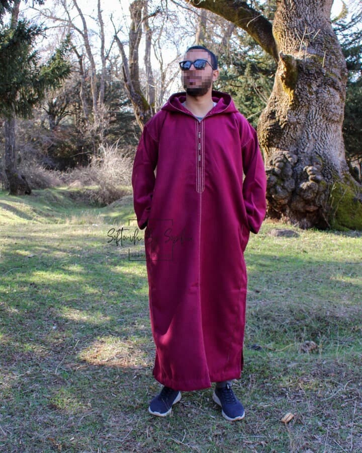 winter moroccan thobe , wool djellaba , wool hooded thobe-Burgundy