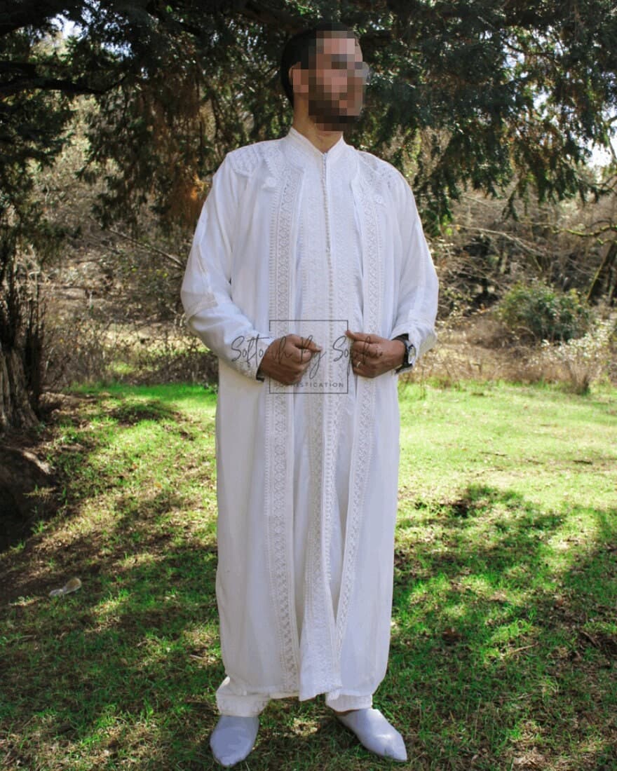 Jabador men ,nikkah outfit for groom, Full length moroccan kaftan for wedding -  white