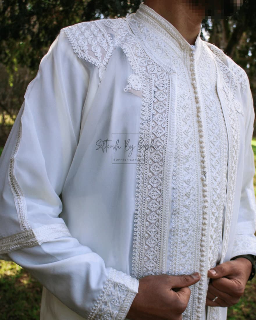 Jabador men ,nikkah outfit for groom, Full length moroccan kaftan for wedding - white - image 3