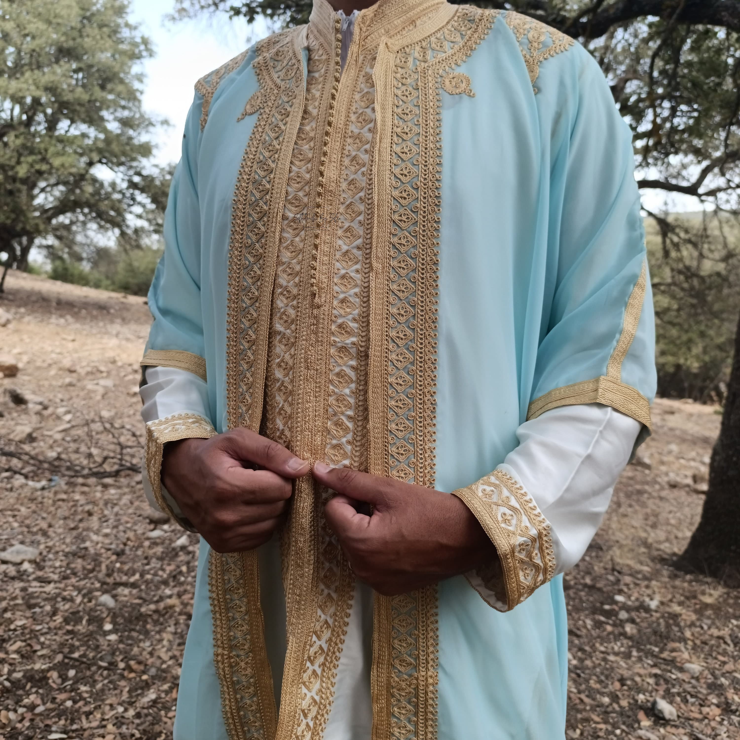 jabador ,Moroccan kaftan men, groom outfit,3 pieces set for wedding-aqua & Gold - image 5