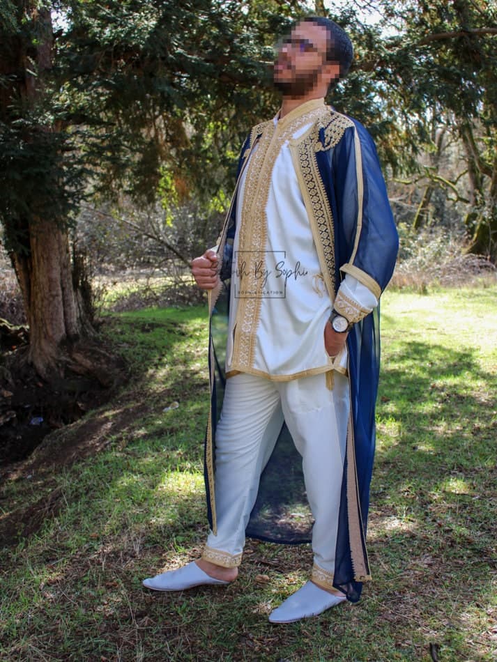 Navy Blue & Gold Moroccan Jabador - Elegant 3-Piece Groom Set for Wedding - image 4