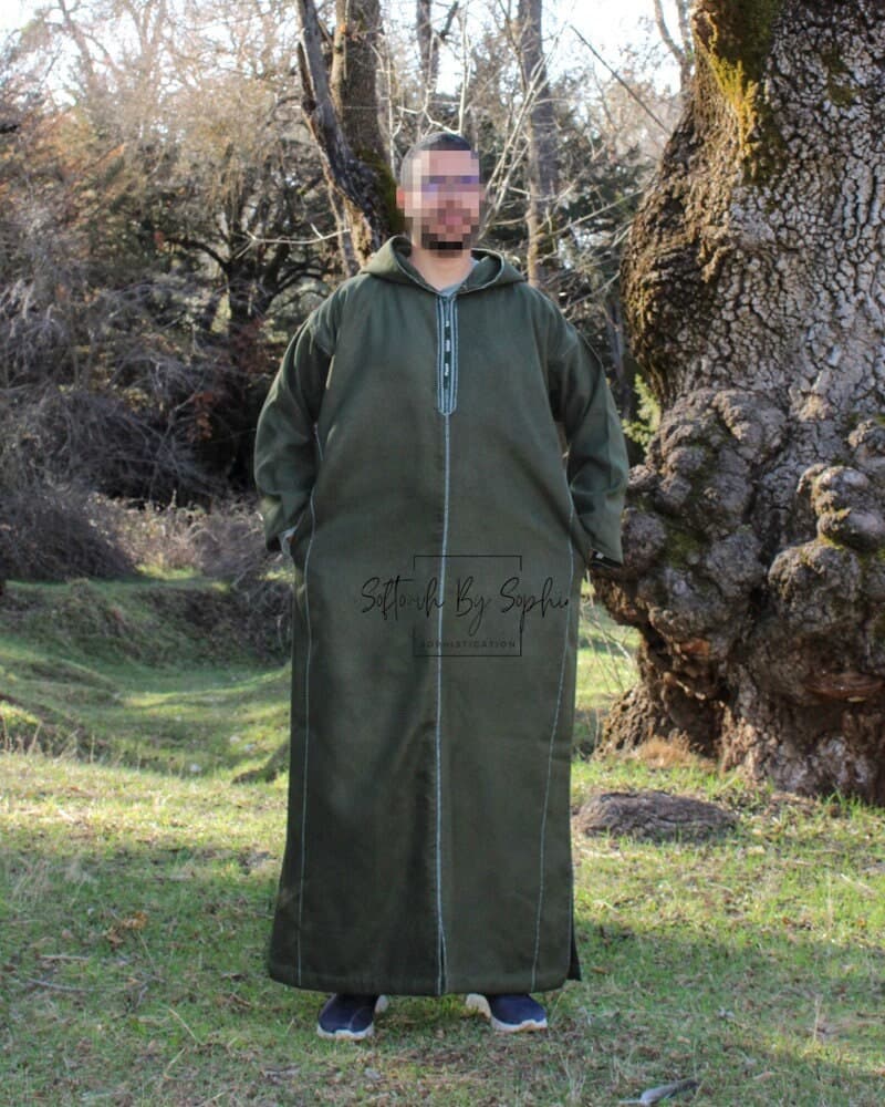 winter Moroccan thobe, wool djellaba men , hooded thobe-Green