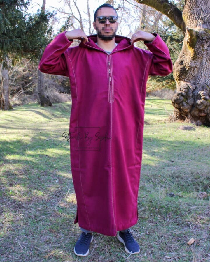 winter moroccan thobe , wool djellaba , wool hooded thobe-Burgundy - image 3