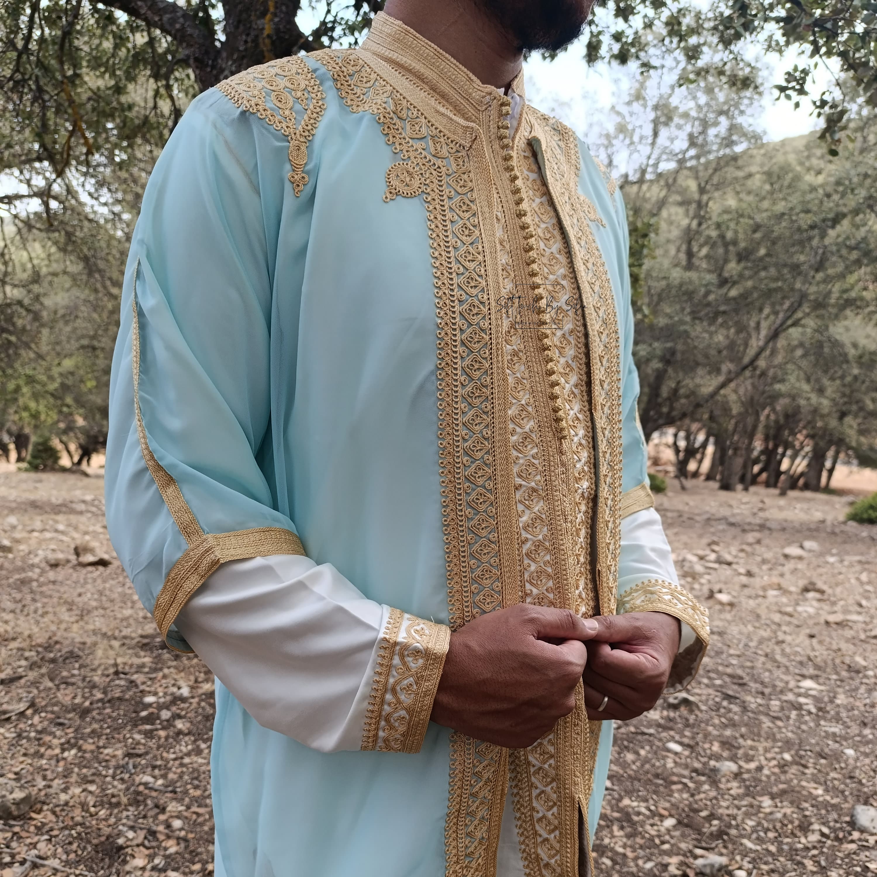 jabador ,Moroccan kaftan men, groom outfit,3 pieces set for wedding-aqua & Gold