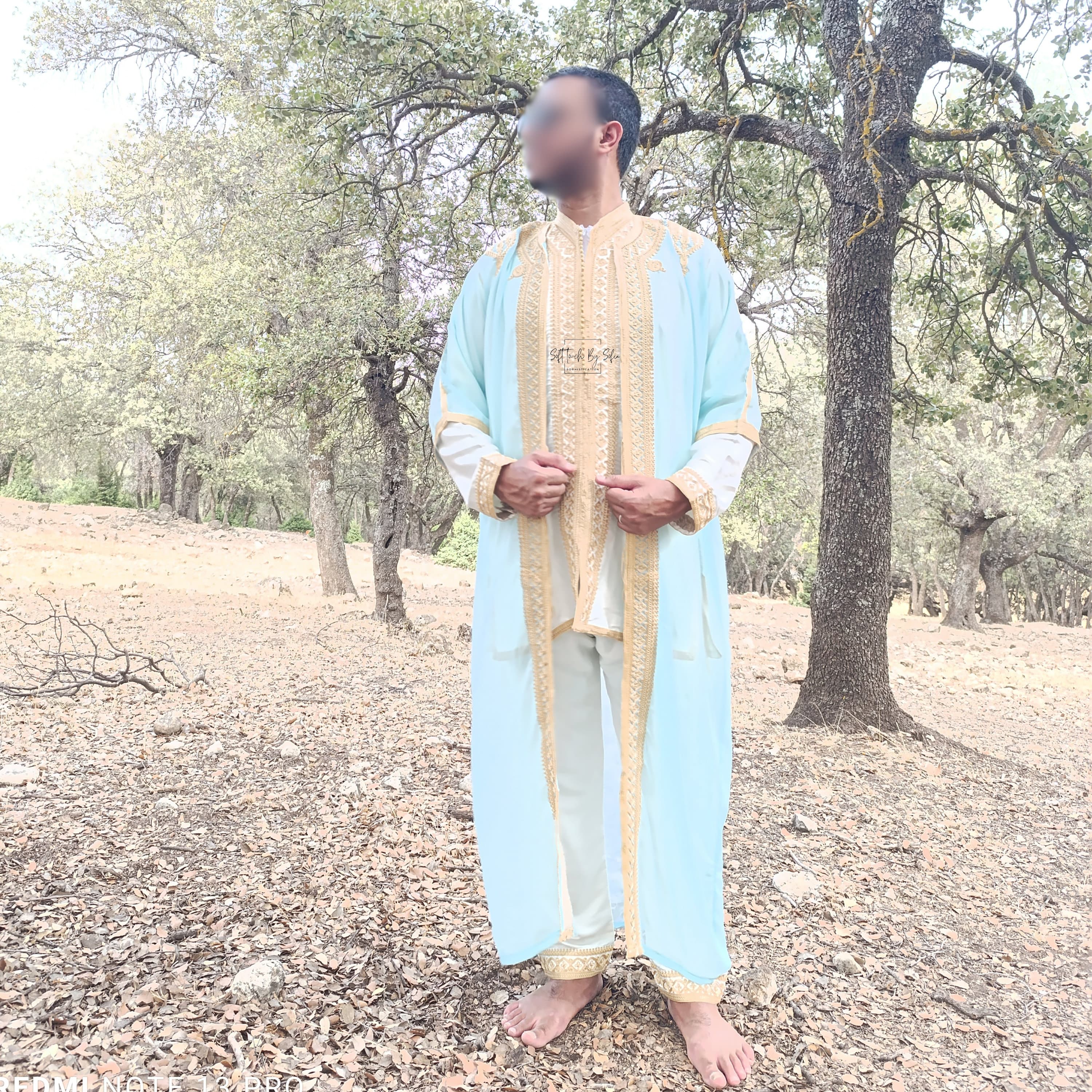 jabador ,Moroccan kaftan men, groom outfit,3 pieces set for wedding-aqua & Gold - image 3