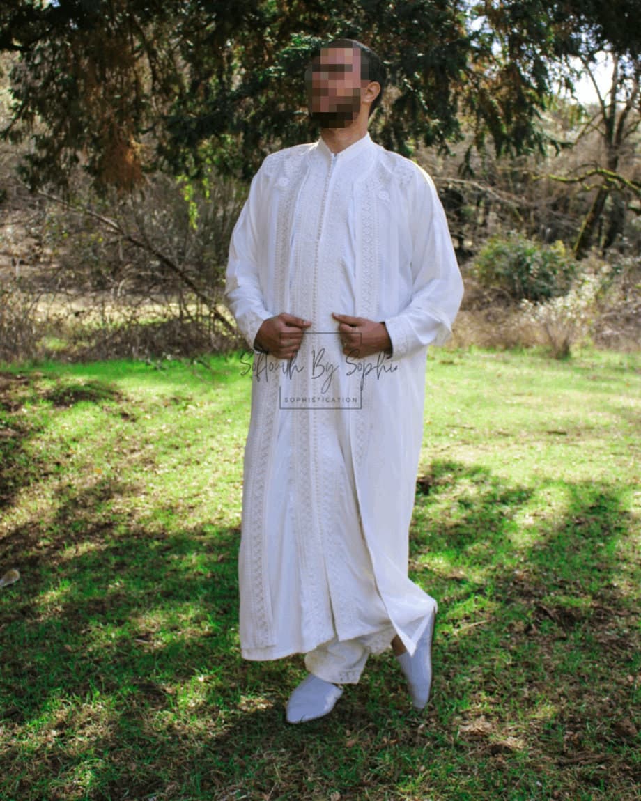 Jabador men ,nikkah outfit for groom, Full length moroccan kaftan for wedding - white - image 5