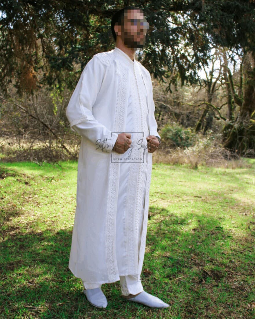 Jabador men ,nikkah outfit for groom, Full length moroccan kaftan for wedding - white - image 4