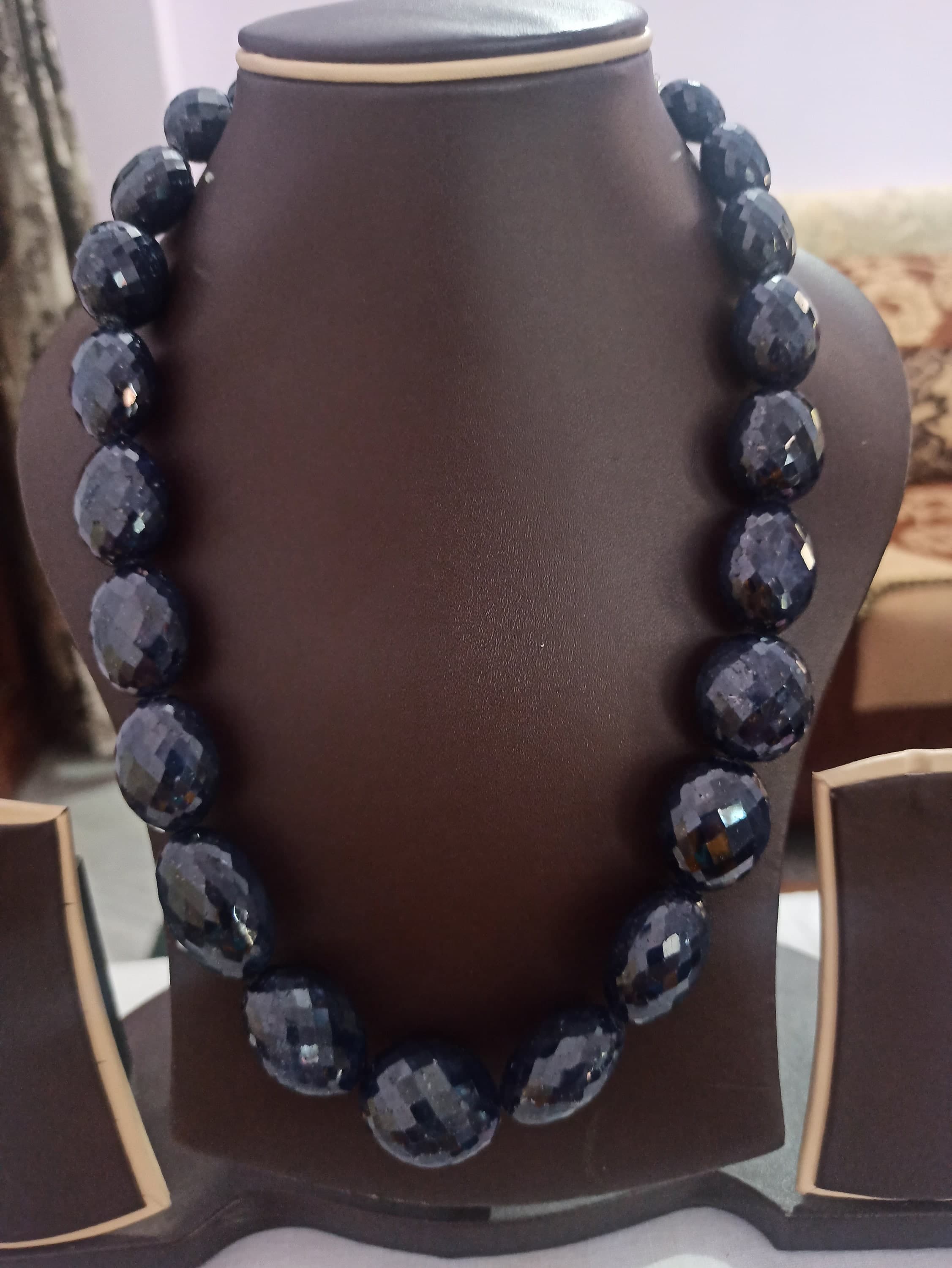 Dyed Blue Sapphire Faceted Oval Bead Necklace - 18'' Adjustable Cord