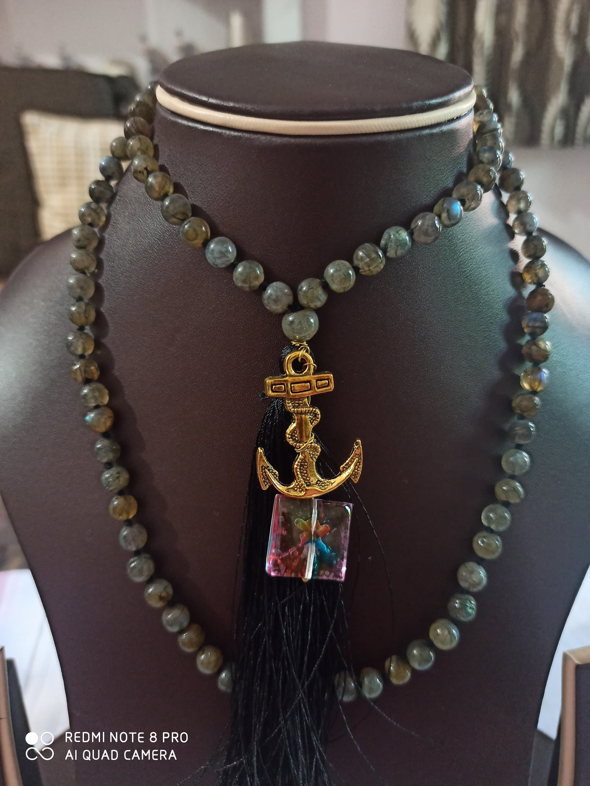 Labradorite Japa Mala Necklace: 108 Gemstone Prayer Beads with Silver & Gold Pendant