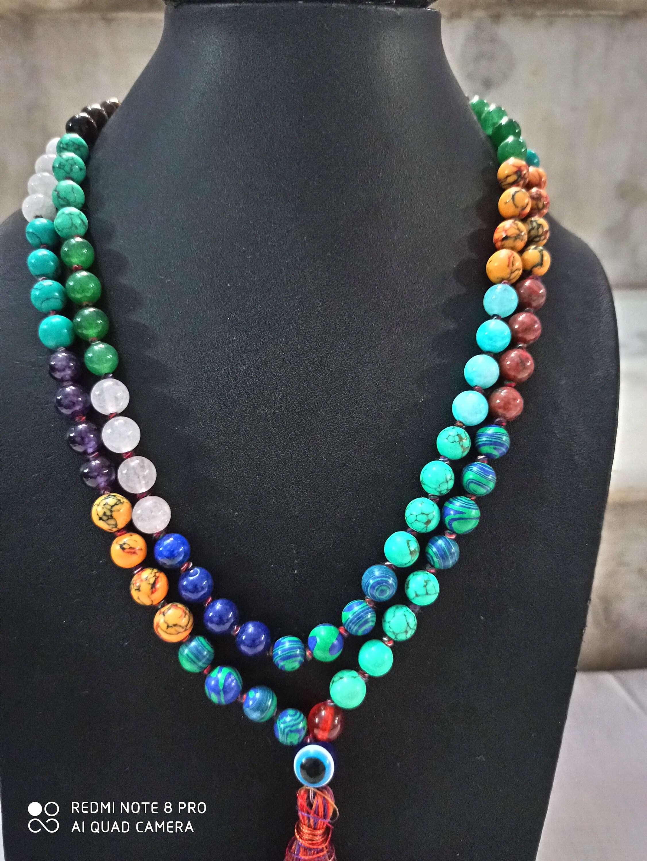 Natural Gemstone Japa Mala 108 Beads Tasbih with Guru Bead Long Tassel