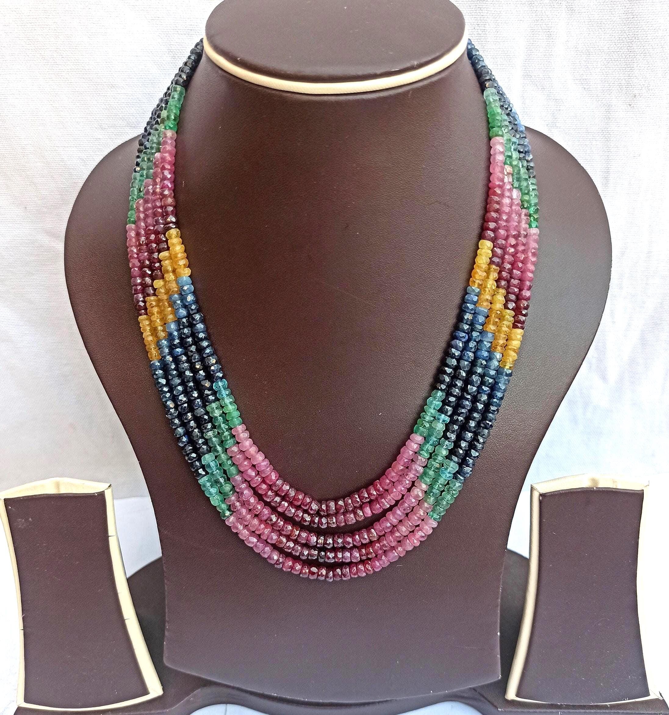 Multi Sapphire Bead Necklace Faceted Rondelle Gemstones Adjustable Healing Jewelry