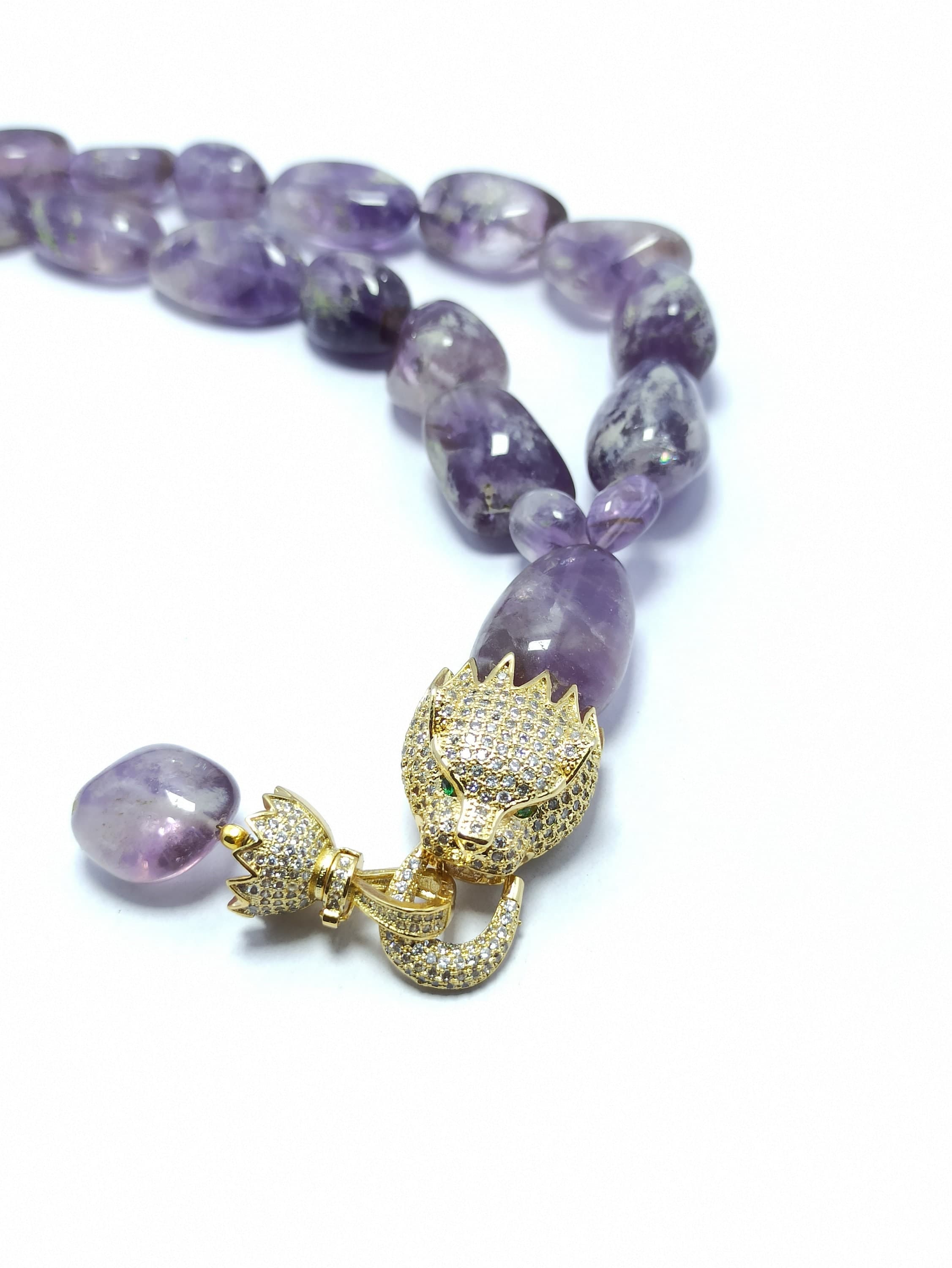 Natural Amethyst Tumble Necklace, 629 Carat Healing Gemstone Beads Gold-Plated Pendant, Handmade Jewelry - image 4