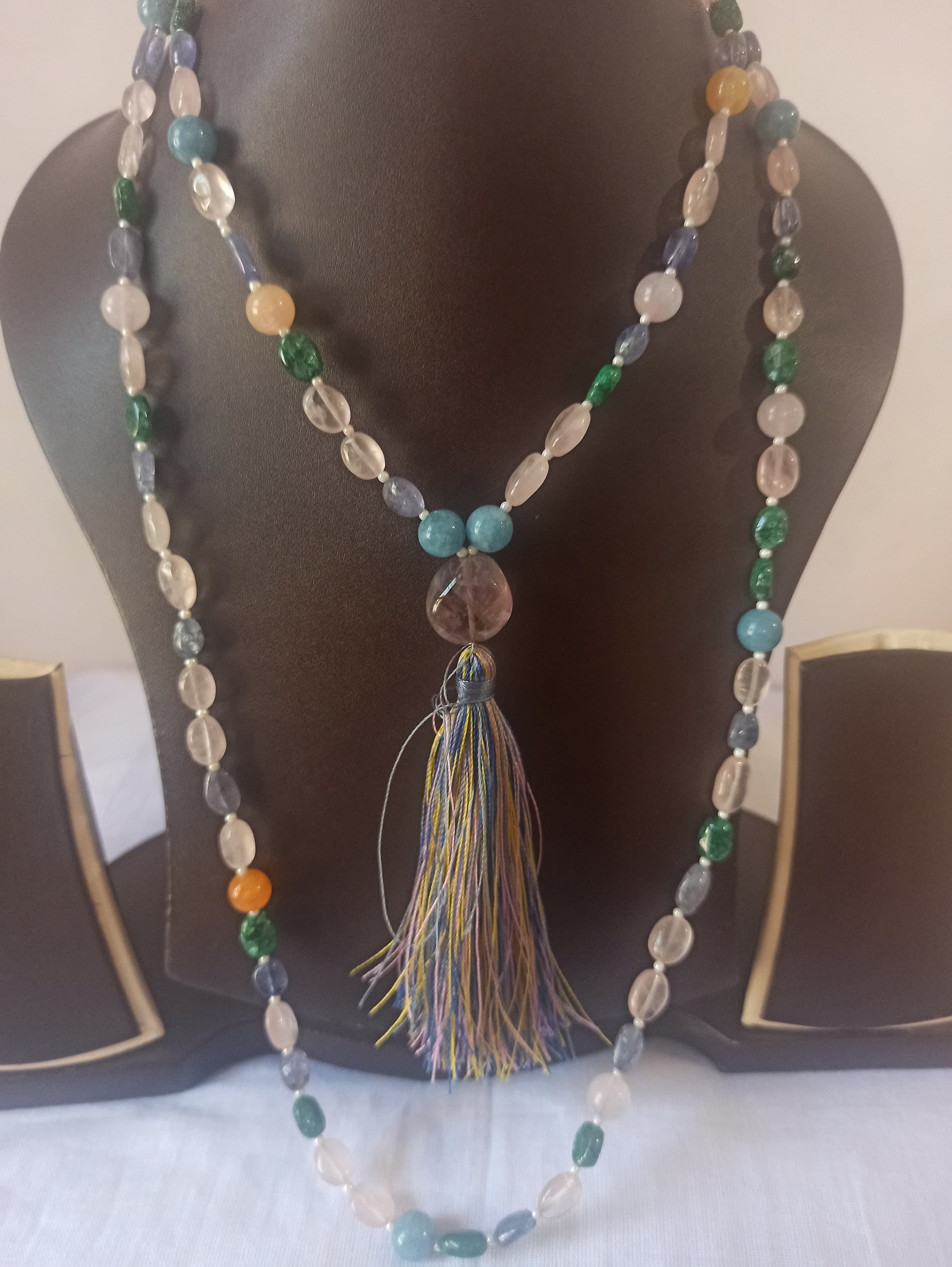108 Bead Natural Multi Gemstone Japa Mala Necklace, Meditation Prayer Beads