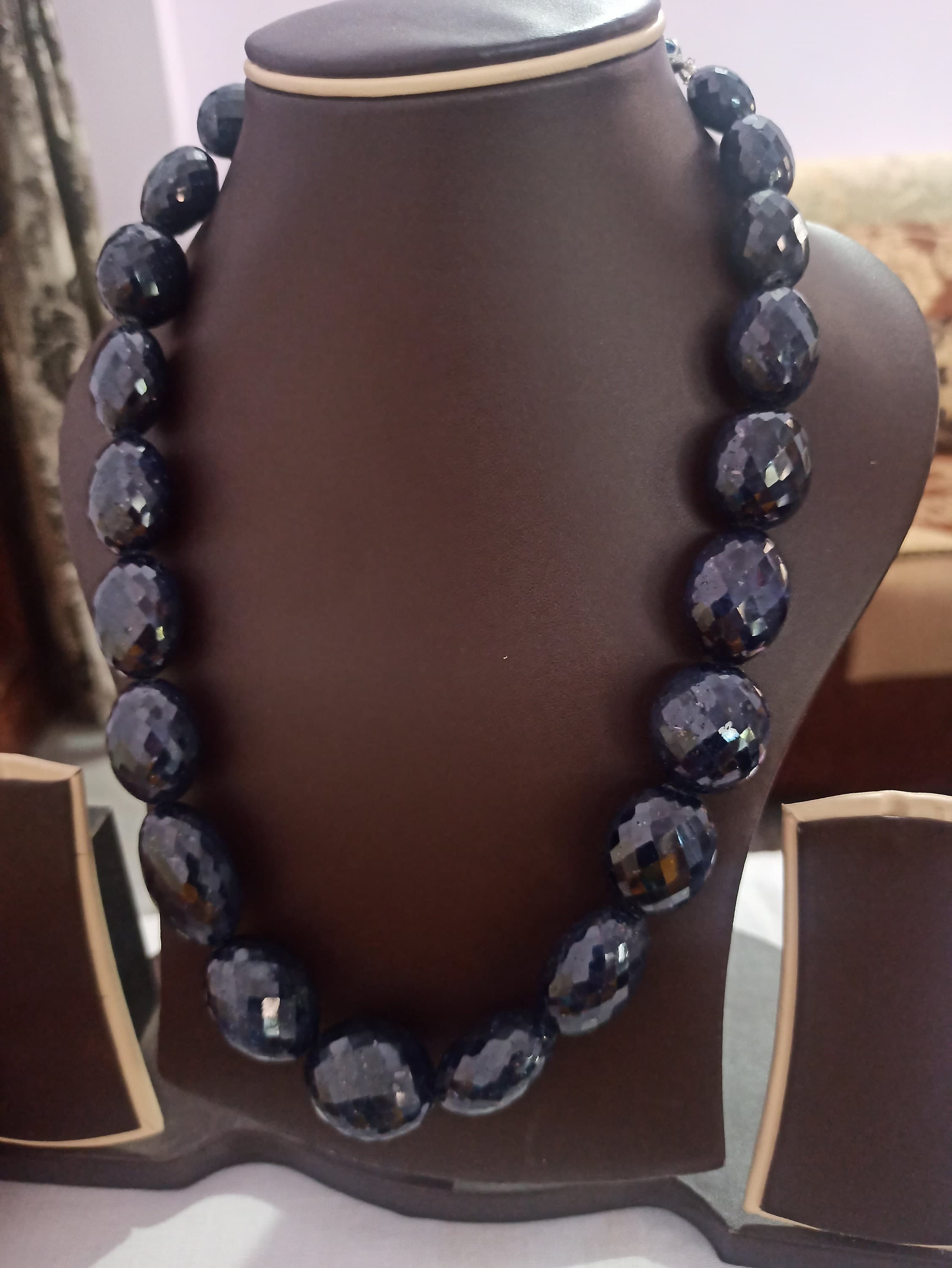 Dyed Blue Sapphire Faceted Oval Bead Necklace - 18'' Adjustable Cord - image 4
