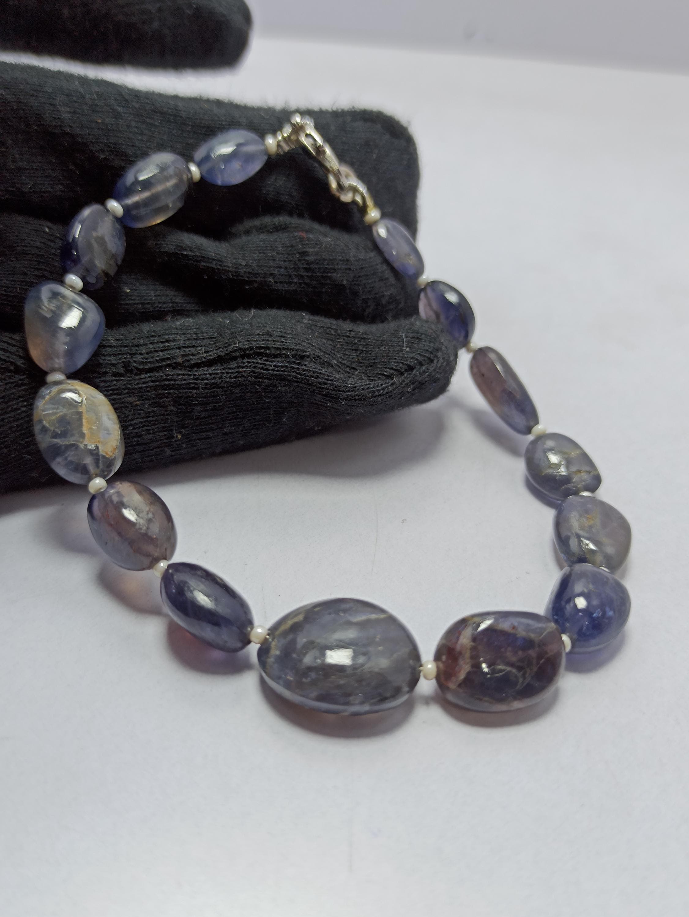Natural Blue Iolite Smooth Mani Beads Bracelet With 925 Sterling Silver Lock Healing Jewelry