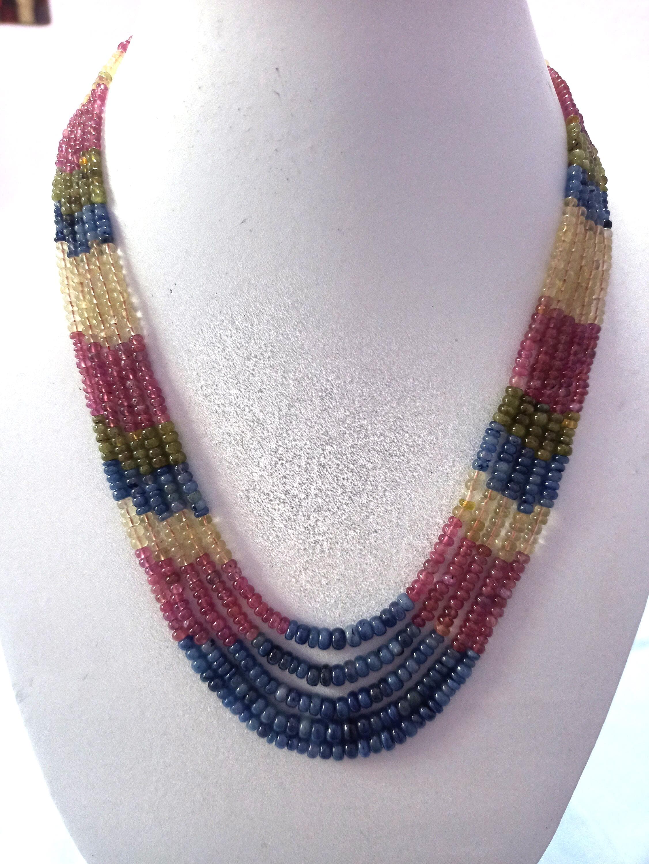 Multi Sapphire Gemstone Bead Necklace: 458 Carat, 18 Inch Adjustable Cord