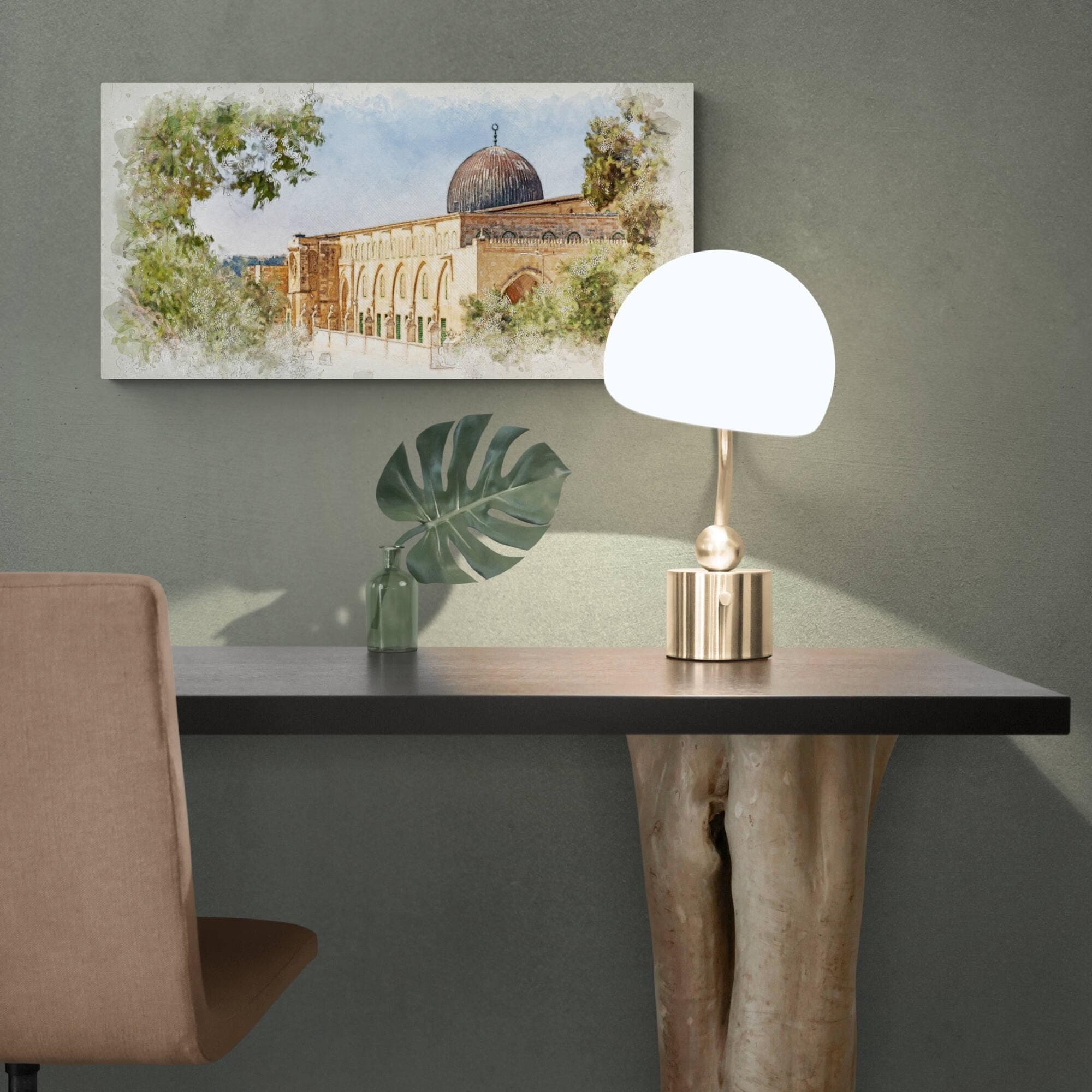 Islamic wall art of Al-Aqsa Mosque, depicting the sacred site amid peaceful olive trees.