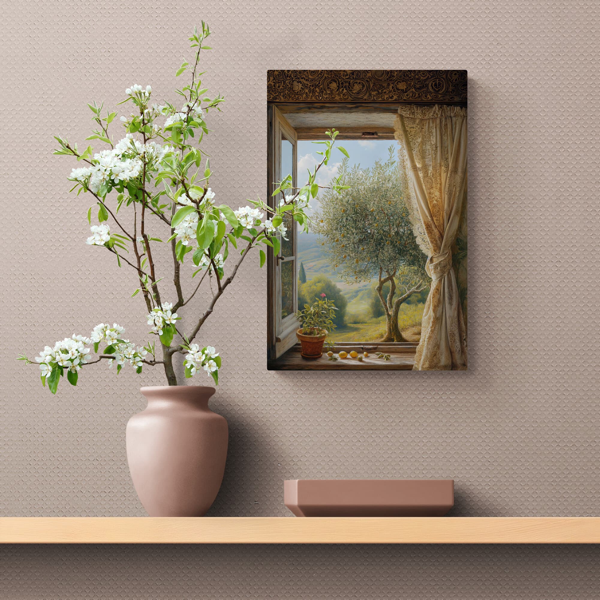 Tranquil Palestinian scene with olive tree, window, and Islamic geometric designs. Aluminum print for a touch of peace and faith.