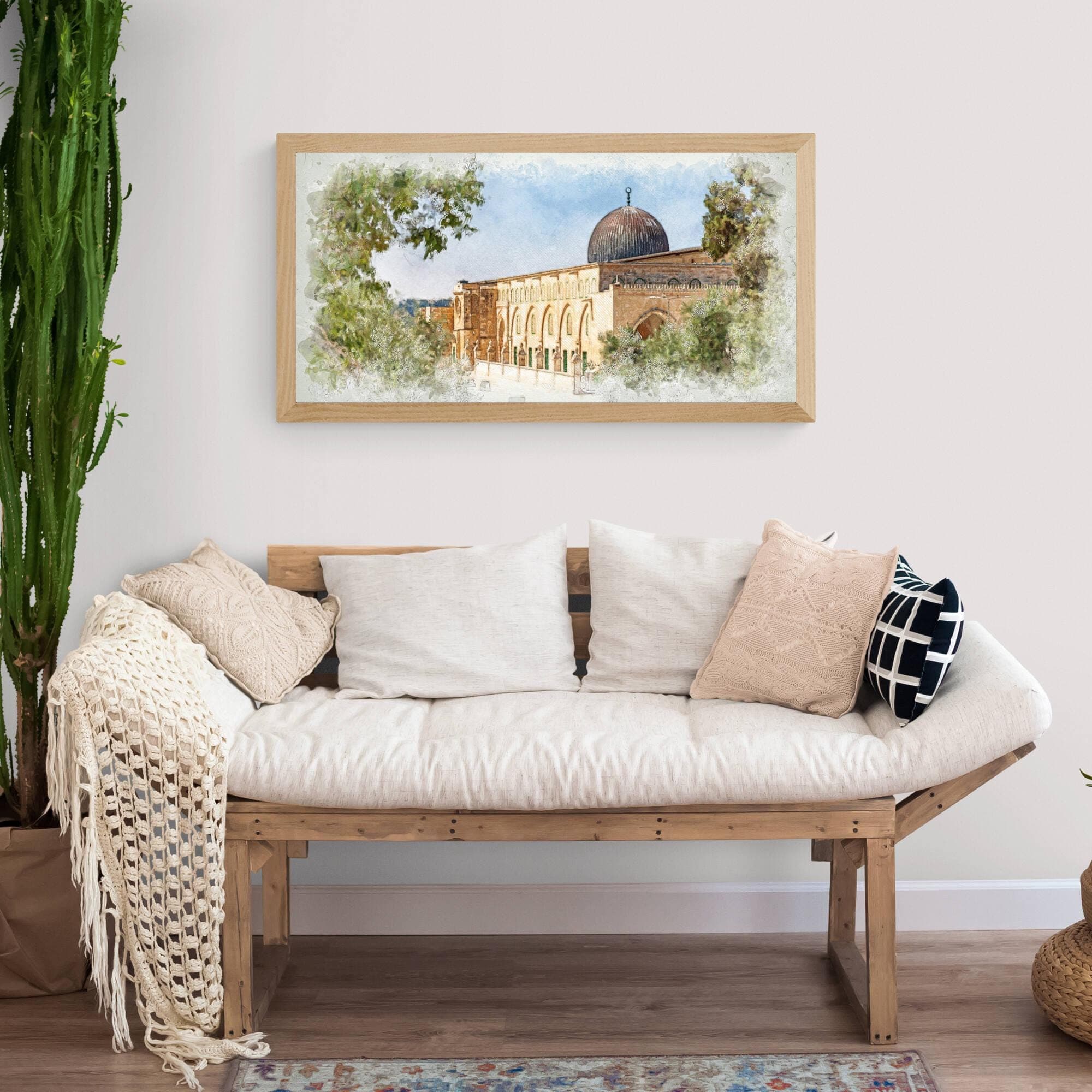 Palestinian heritage art featuring Al-Aqsa Mosque, with a watercolor effect and olive trees.