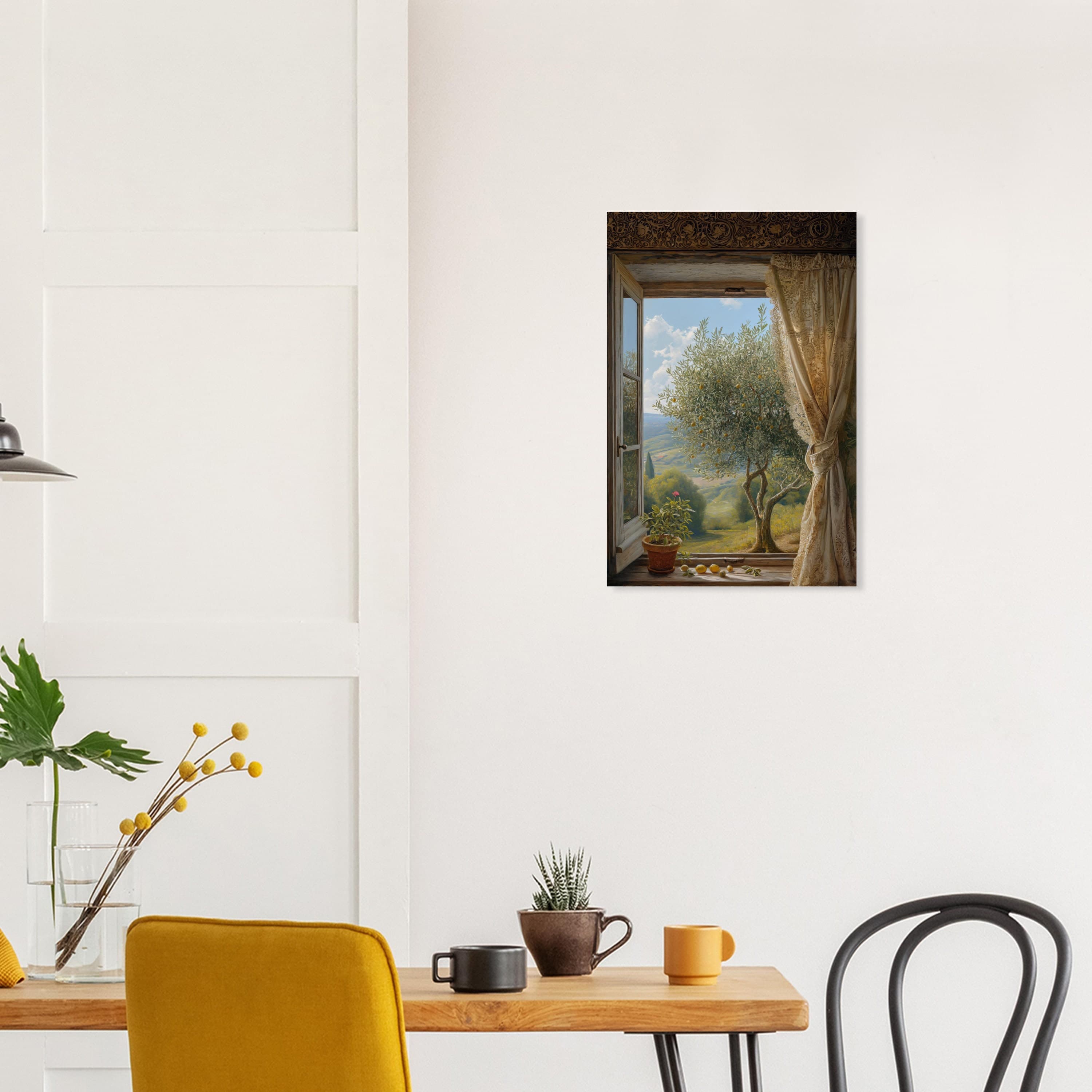 Close-up of olive tree leaves and sunlight, framed by Islamic window art. Aluminum print for nature lovers and Islamic art enthusiasts.