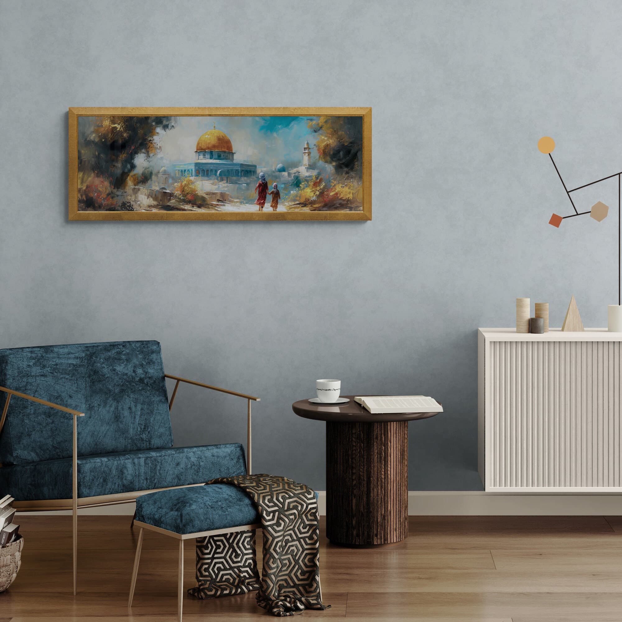 Jerusalem’s iconic Golden Dome Masjid captured in elegant Islamic wall art.