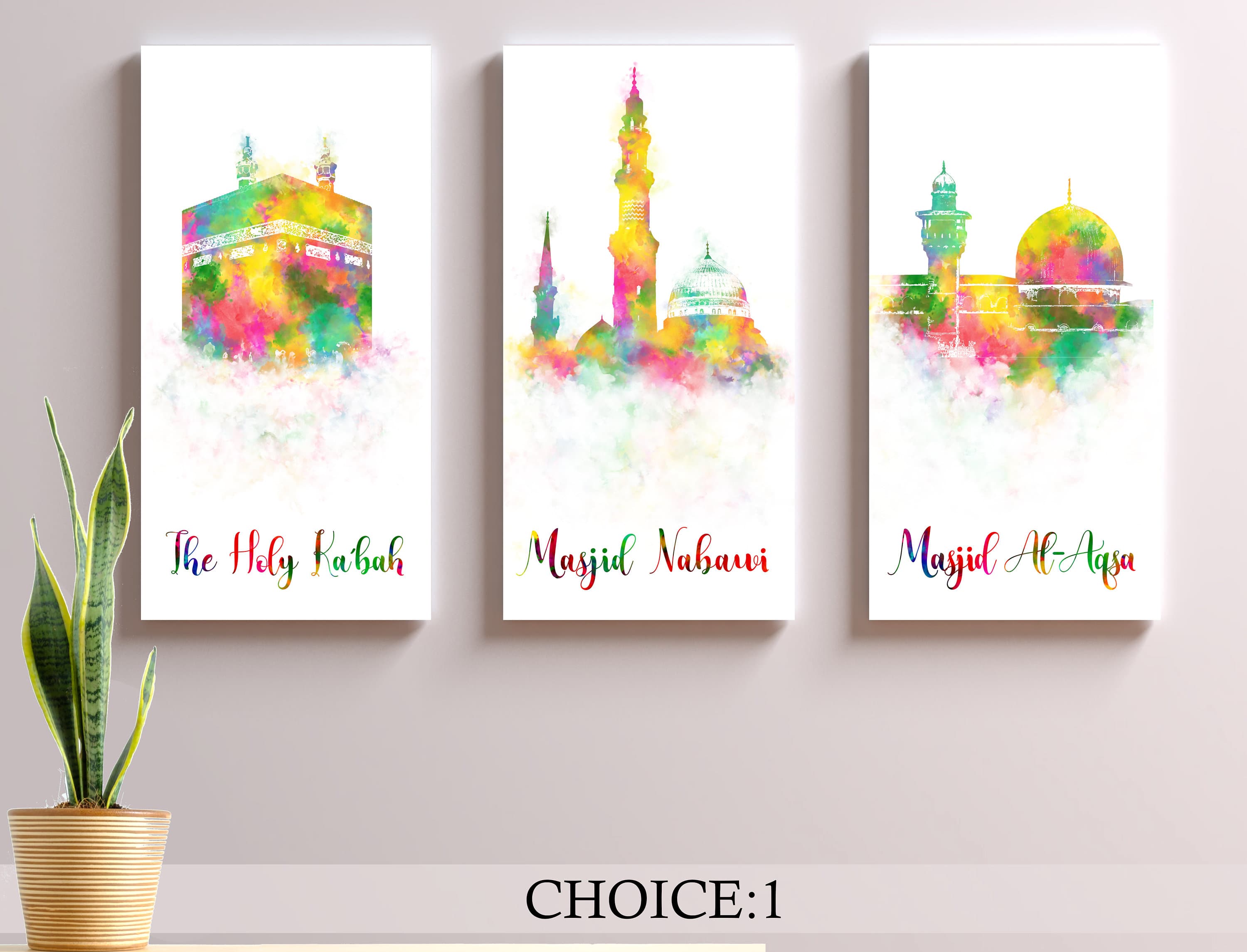 Islamic art Holy Kaaba Masjid Nabawi Masjid al aqsa Dome of the Rock  Al-Aqsa compound Watercolour Muslim art Stretched Canvas Ready to hang