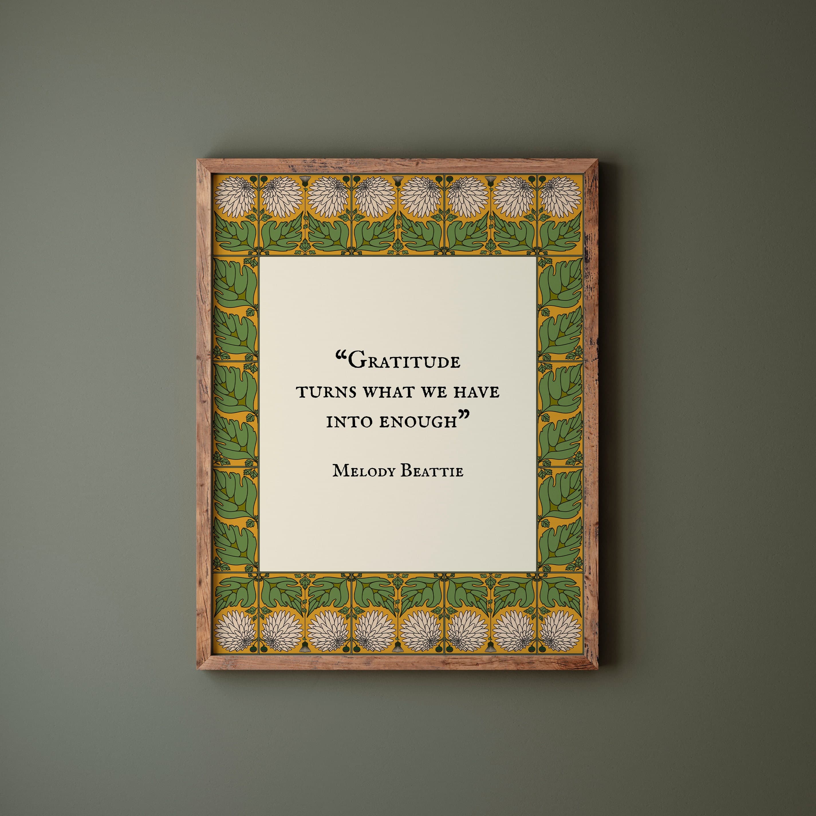 Gratitude Quote Art Print: Mustard Yellow Green Floral Border