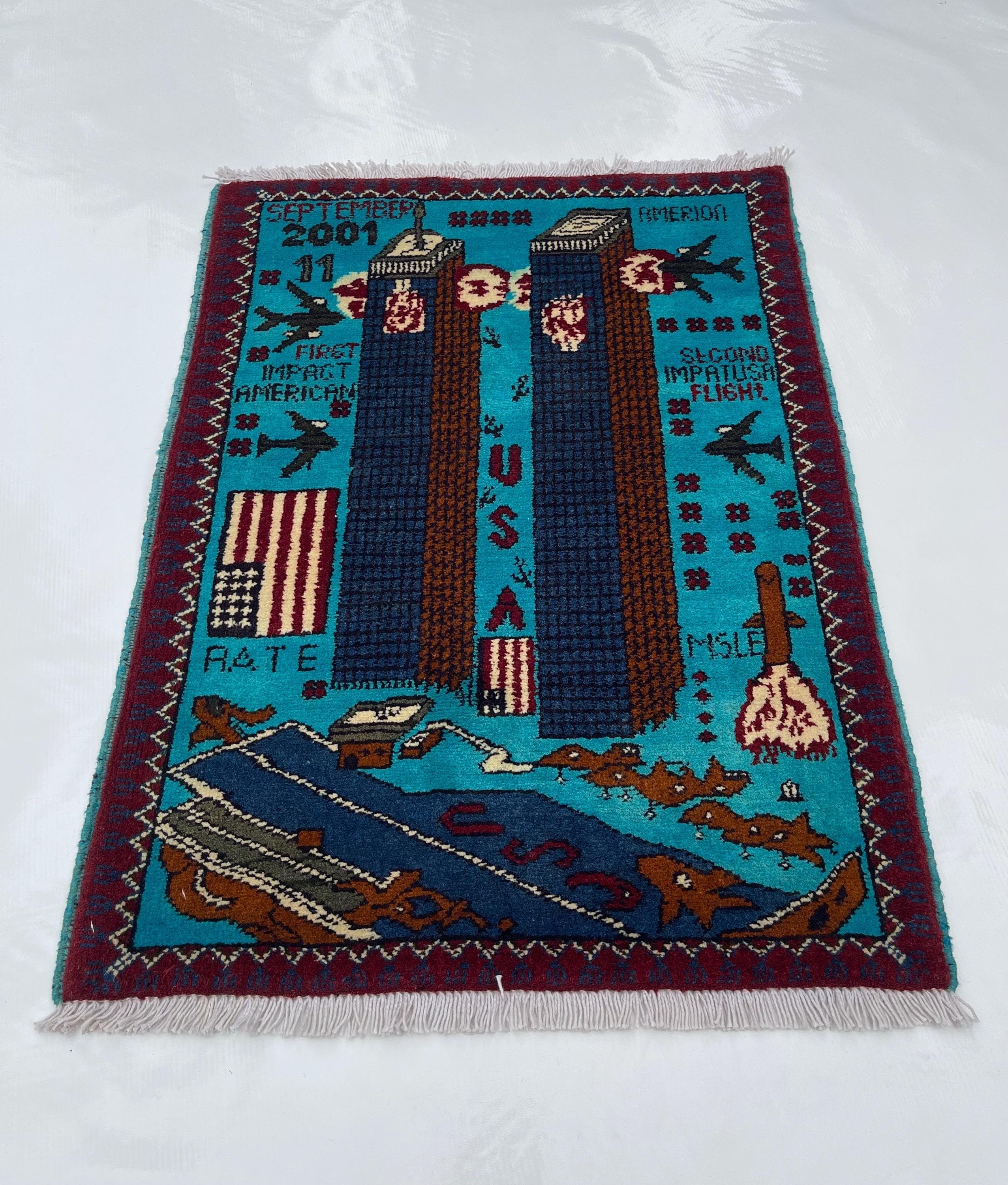 81x62 cm War rug twin towers Afghan rug handmade rug Beautifully made wool rug 9/11 handicrafts folk art pictorial #380