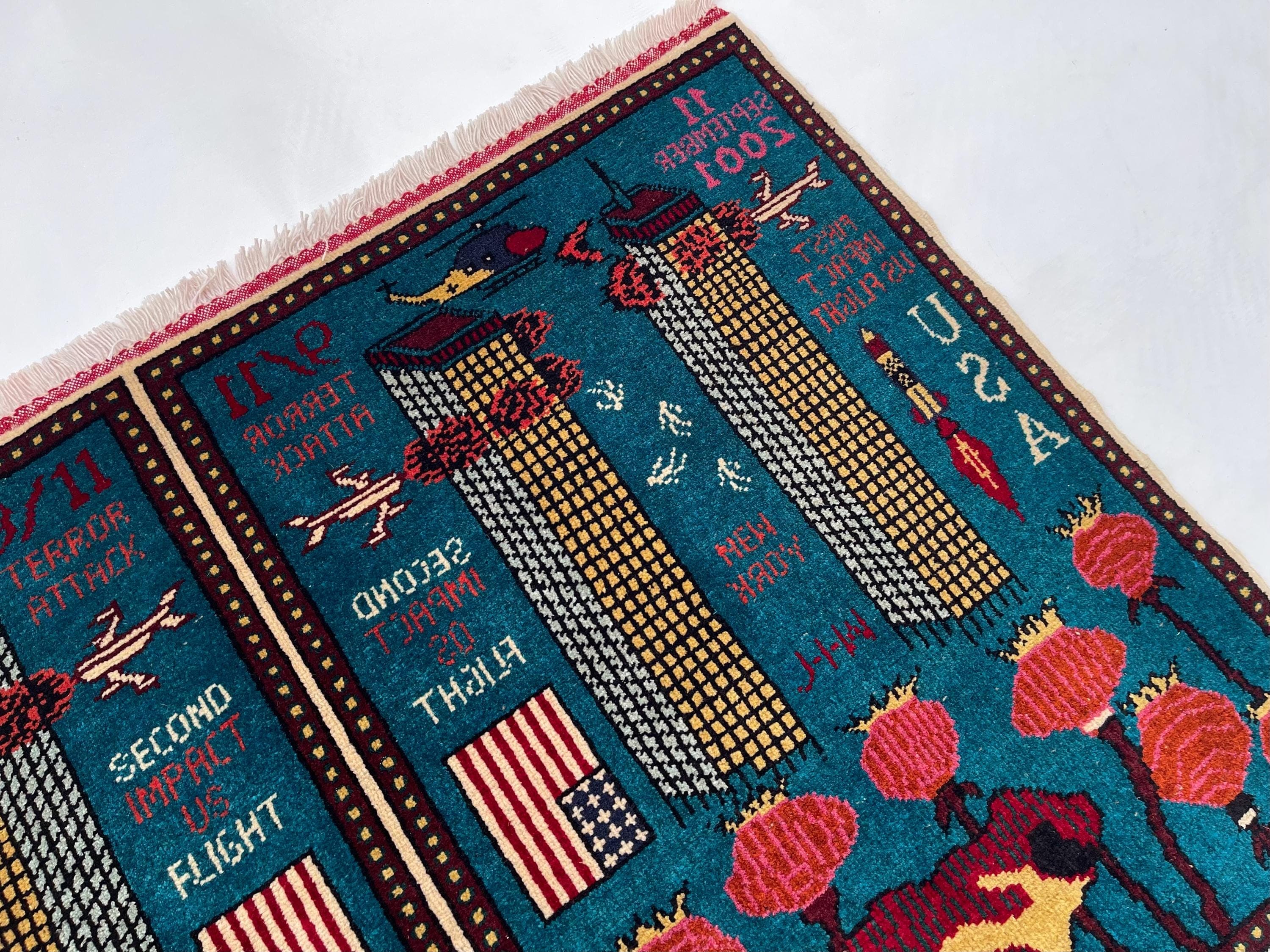 85x123 cm Handmade Afghan war rug wool rug war rug oriental wool rug mini war rug handicrafts twin towers 9/11 opiume #729 - image 3