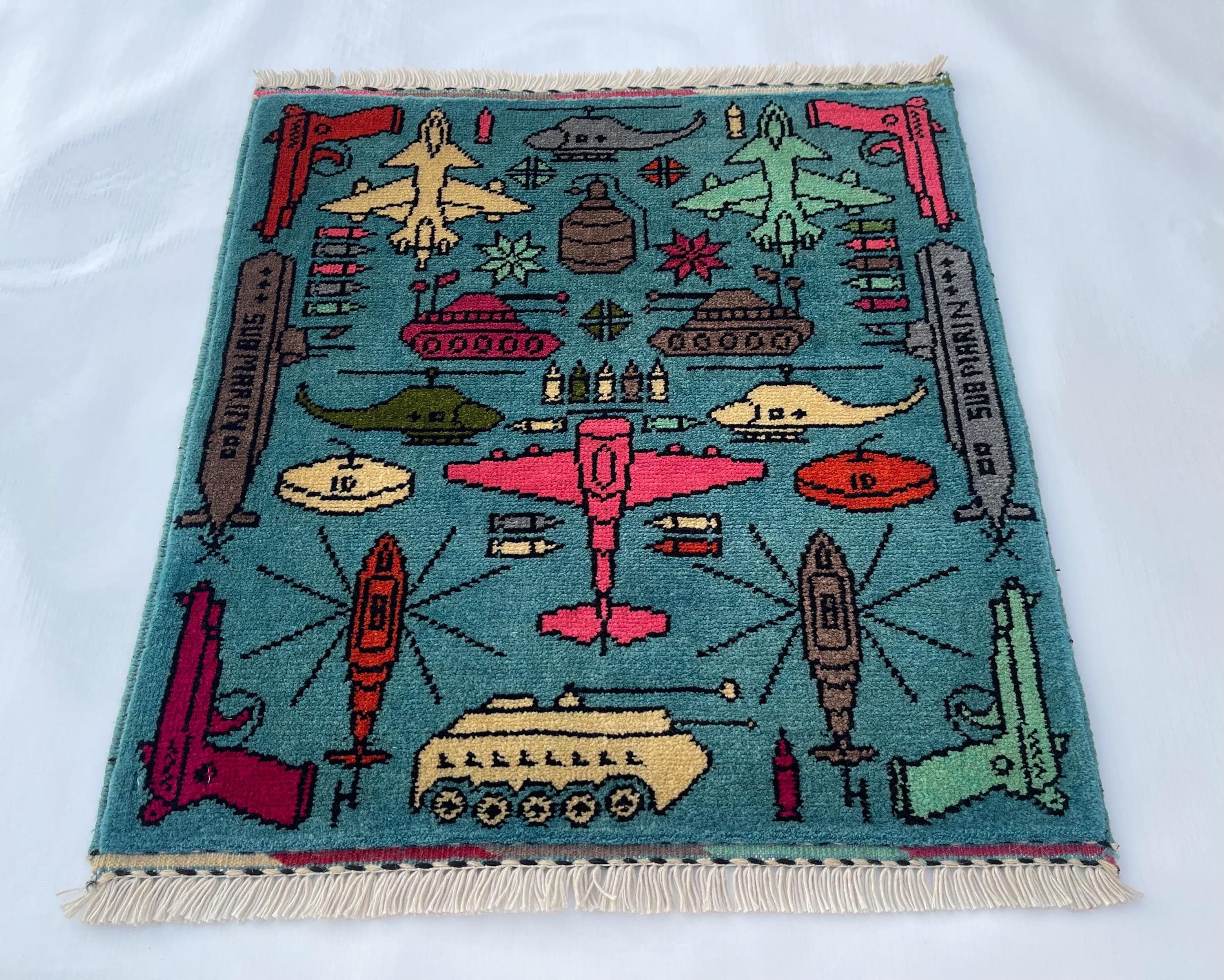62x59cm war rug wool rug oriental war art mini war rug handicrafts afghan war rug #240 - image 3
