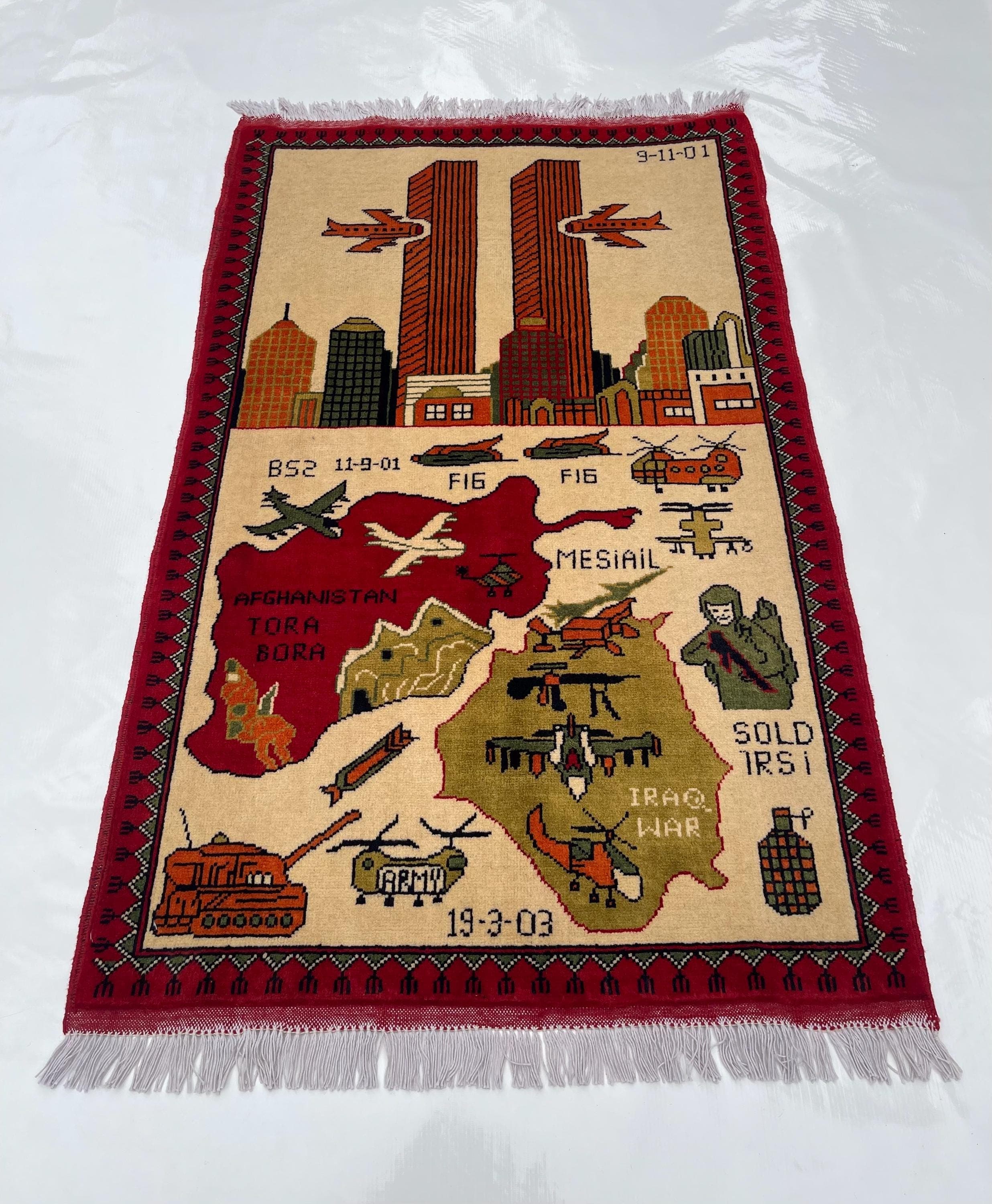 130x81 cm Classic Handmade Afghan war rug Beautifully made wool rug Nomadic Rug Oriental War Rug  9/11 twin towers handicrafts #371