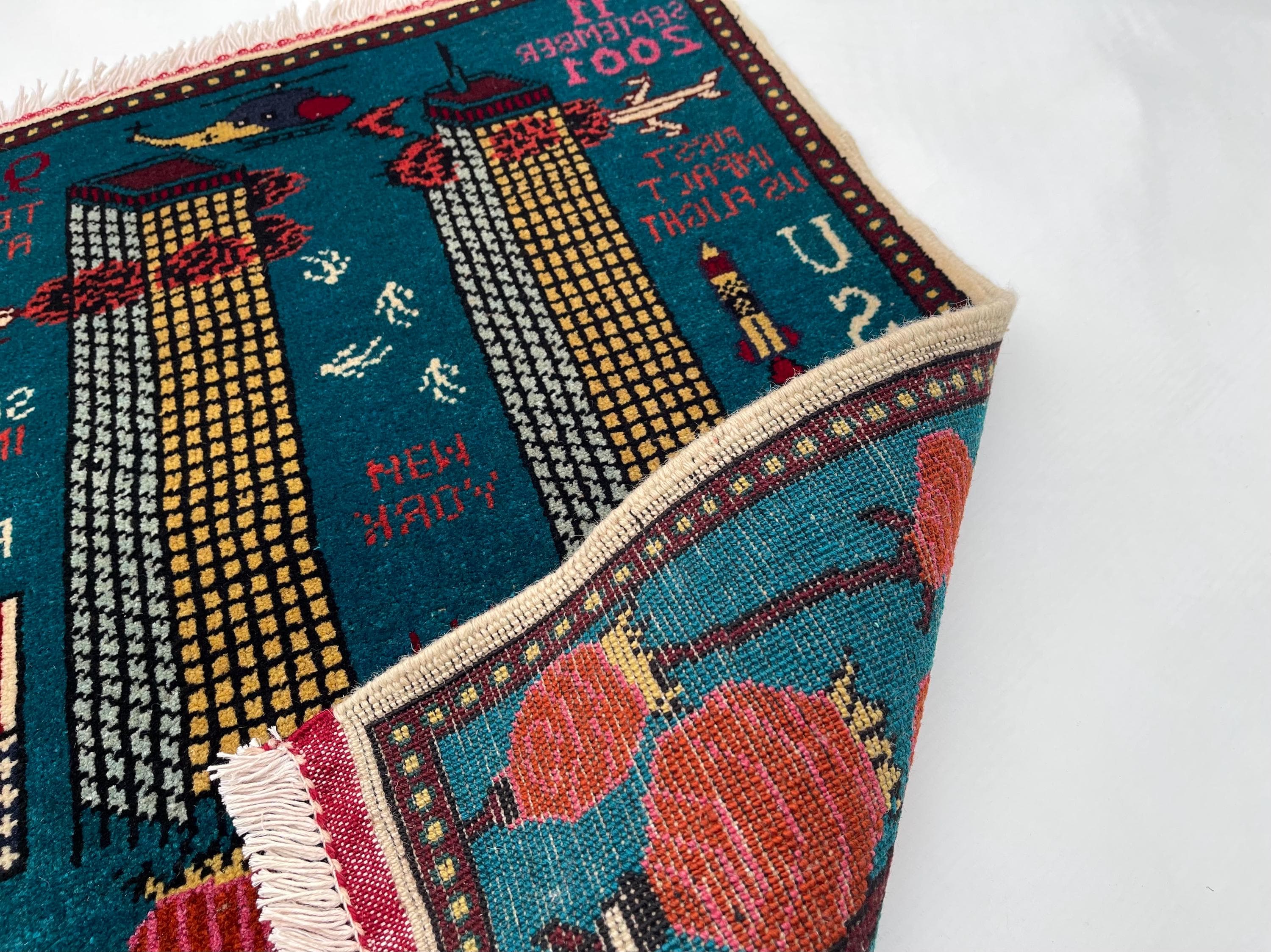 85x123 cm Handmade Afghan war rug wool rug war rug oriental wool rug mini war rug handicrafts twin towers 9/11 opiume #729 - image 4