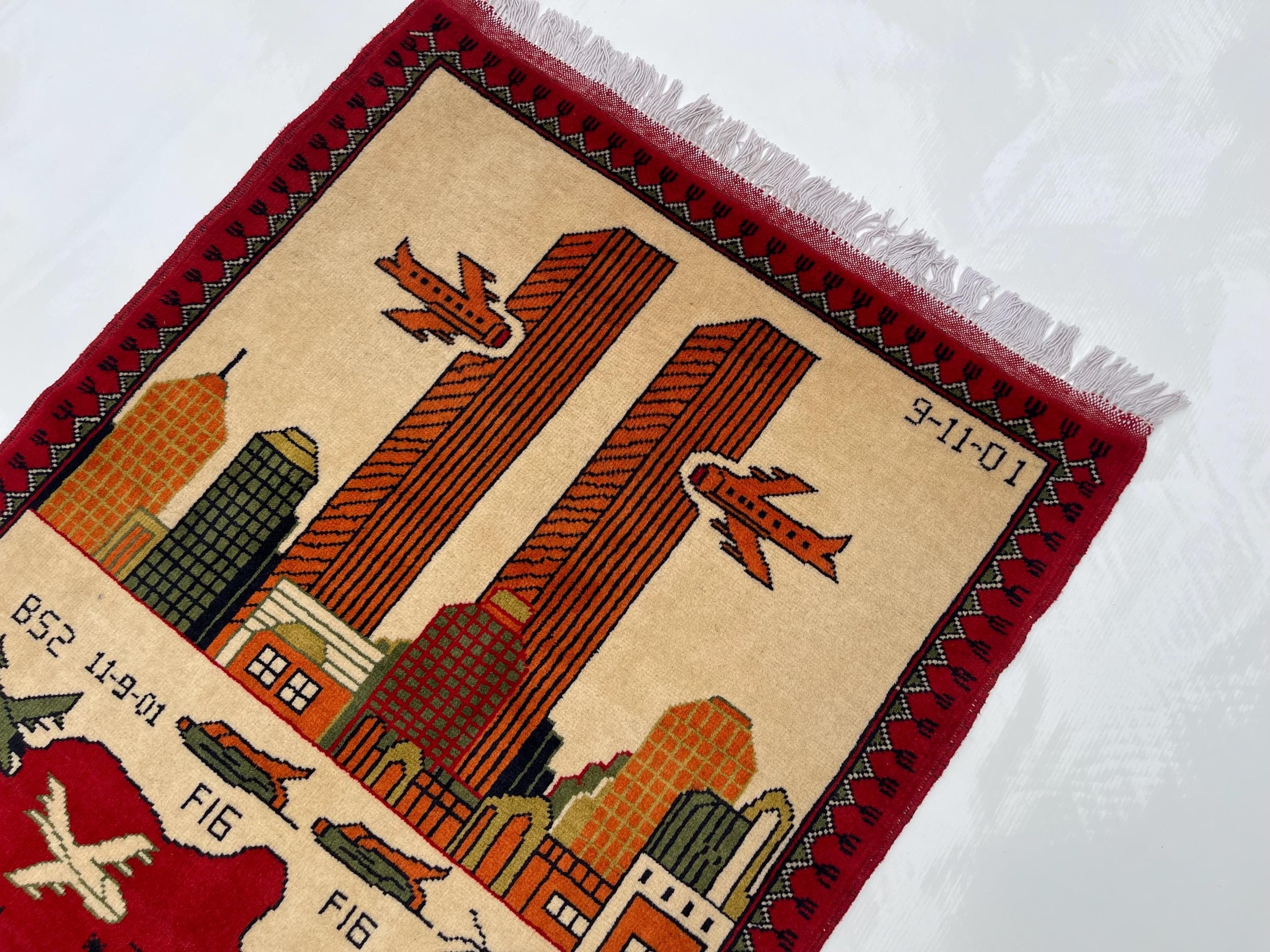 130x81 cm Classic Handmade Afghan war rug Beautifully made wool rug Nomadic Rug Oriental War Rug 9/11 twin towers handicrafts #371 - image 5