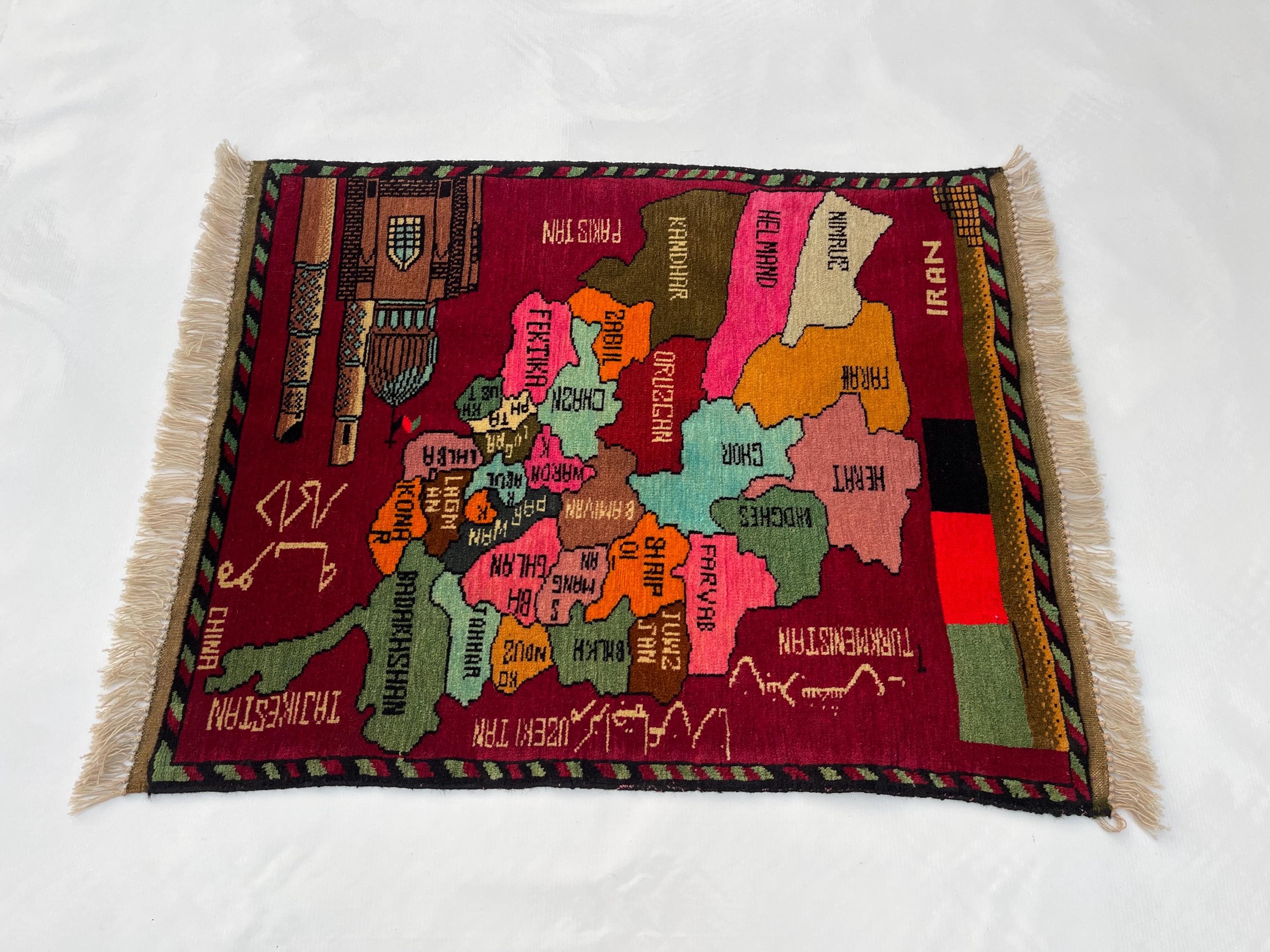85x70 cm Ethnic rug Afghan War Art rug Wool war Rug Tribal handicrafts Afghan Maps area rug #672