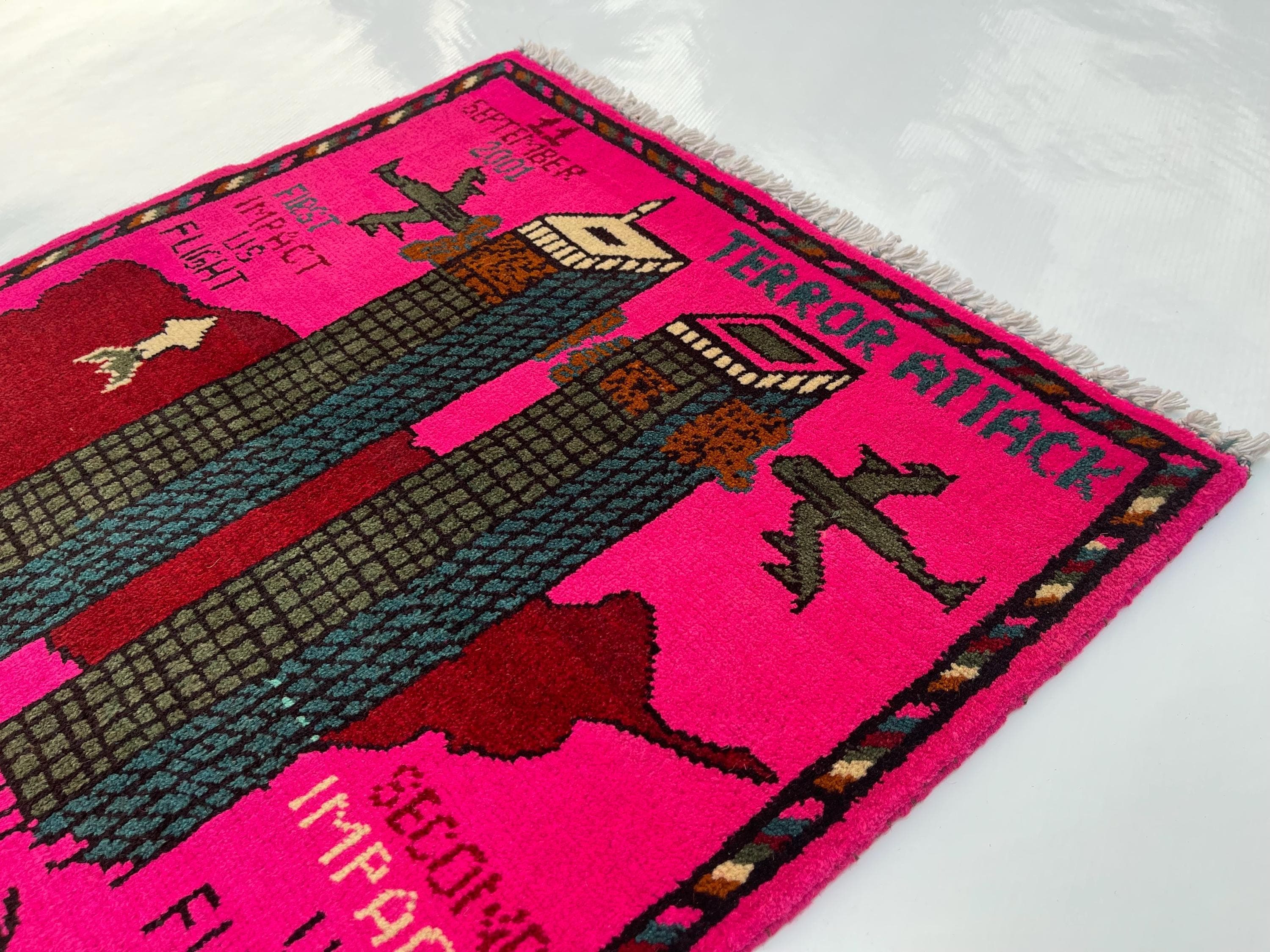 79x62 cm Handmade Afghan war rug wool rug shindand wool rug vintage war art rug twin towerss #268 - image 5