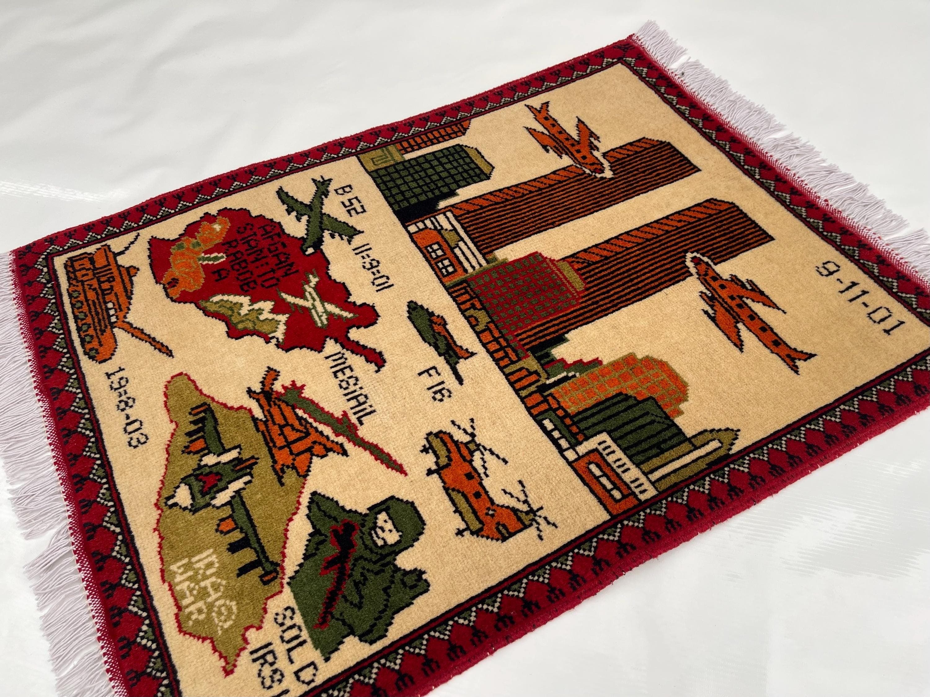 81x62 cm War rug twin towers Afghan rug handmade rug Beautifully made wool rug 9/11 handicrafts folk art pictorial #381 - image 4