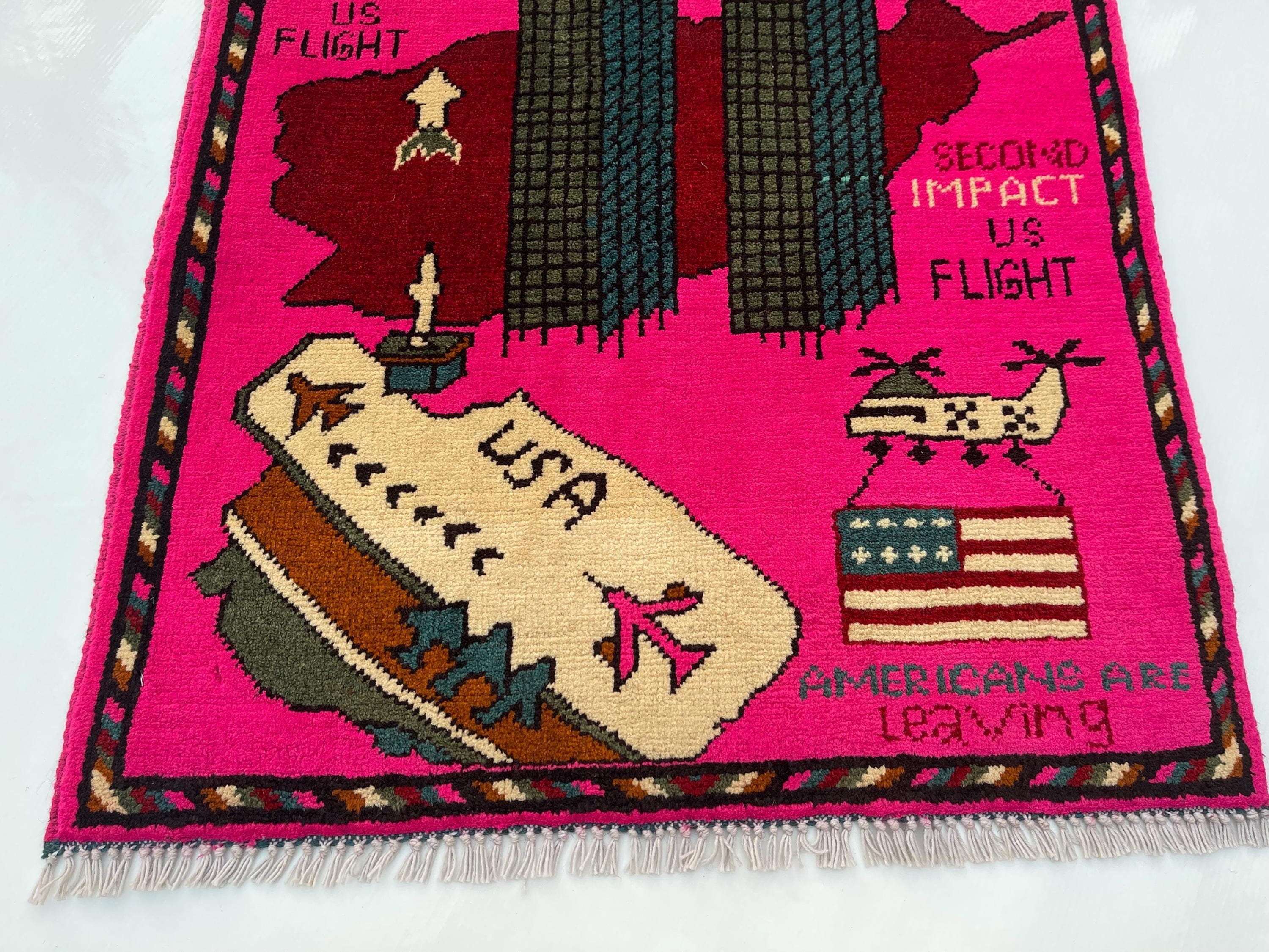 79x62 cm Handmade Afghan war rug wool rug shindand wool rug vintage war art rug twin towerss #268 - image 3