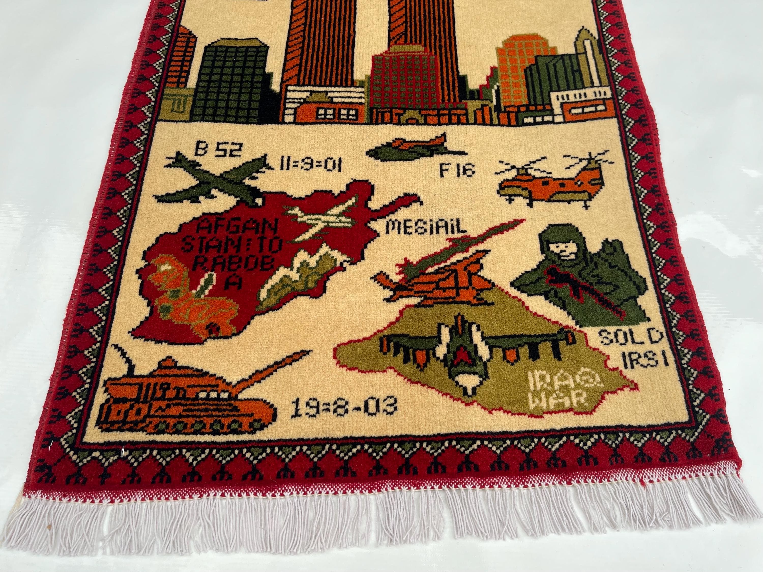 81x62 cm War rug twin towers Afghan rug handmade rug Beautifully made wool rug 9/11 handicrafts folk art pictorial #381 - image 5