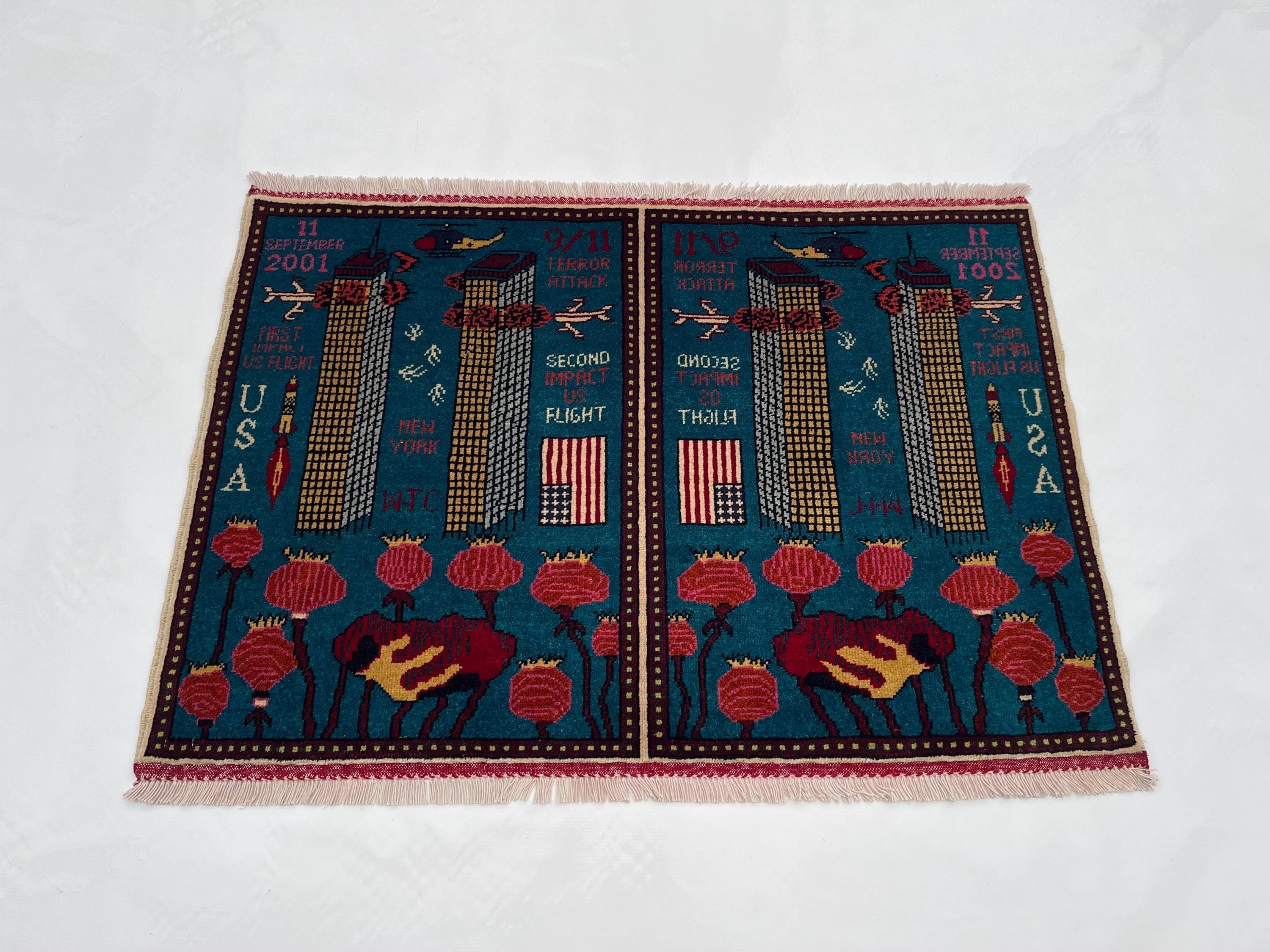 85x123 cm Handmade Afghan war rug wool rug war rug oriental wool rug mini war rug handicrafts twin towers 9/11 opiume #729