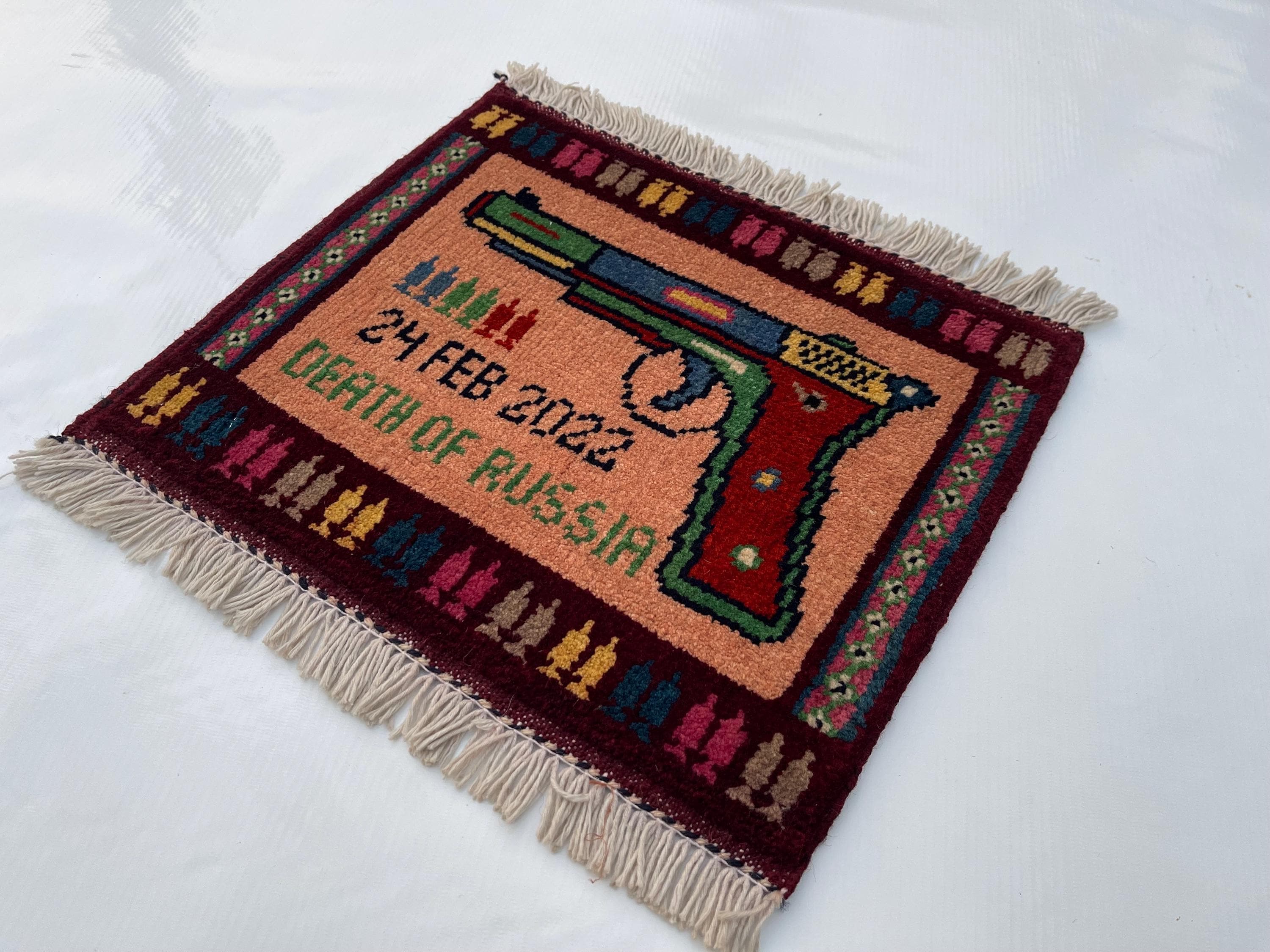 Handmade Afghan war rug wool rug oriental rug Nomadic rug art mini rug pistol rug 32x37 cm #690 - image 4