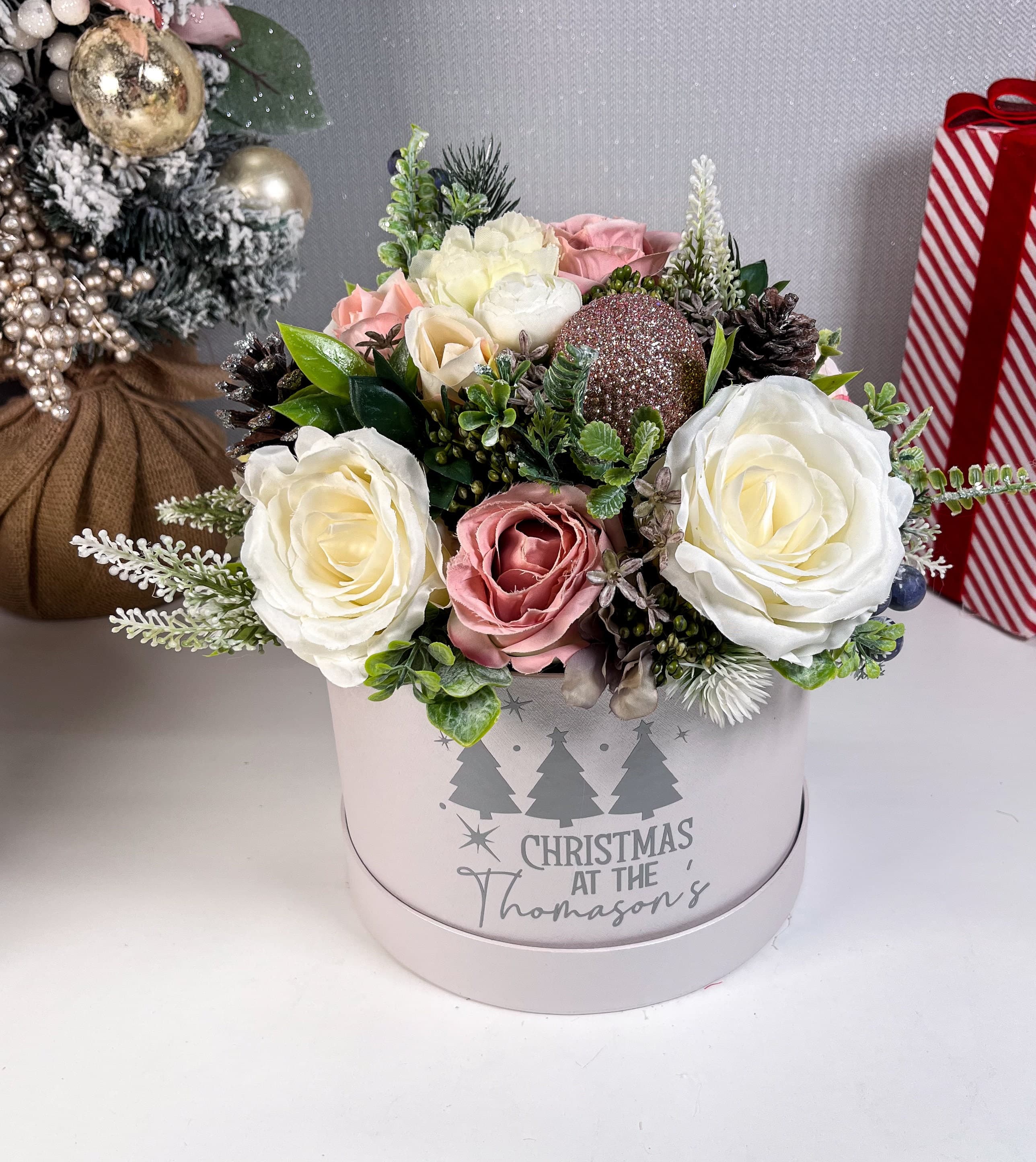 Christmas Flowers, Christmas Gift, Personalised Christmas Box, Artificial Flower display, Christmas Decor, Family Christmas Gift, - image 3