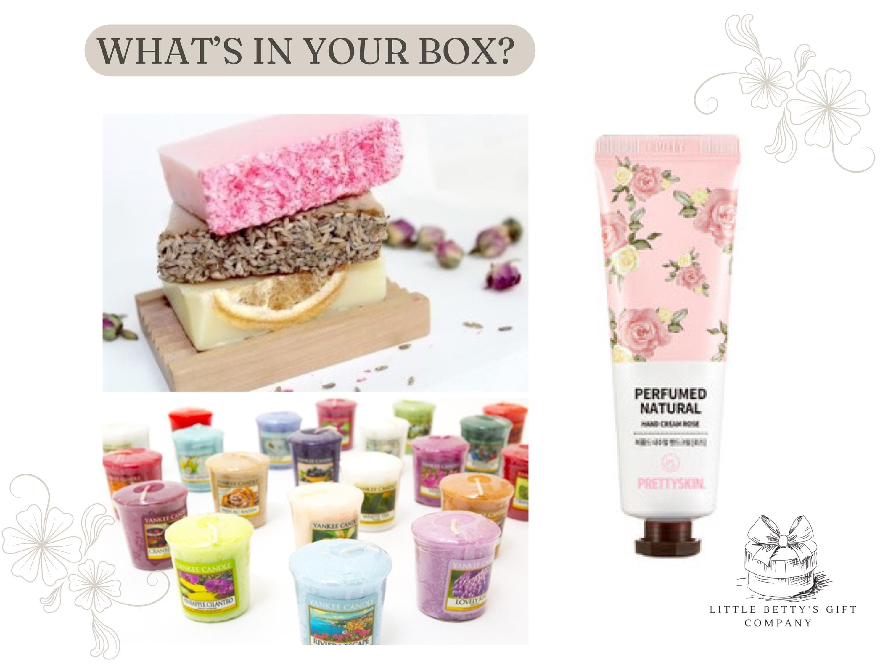 Details of whatis inside the box - Yankee candle votive candle, handmade soap and handcream