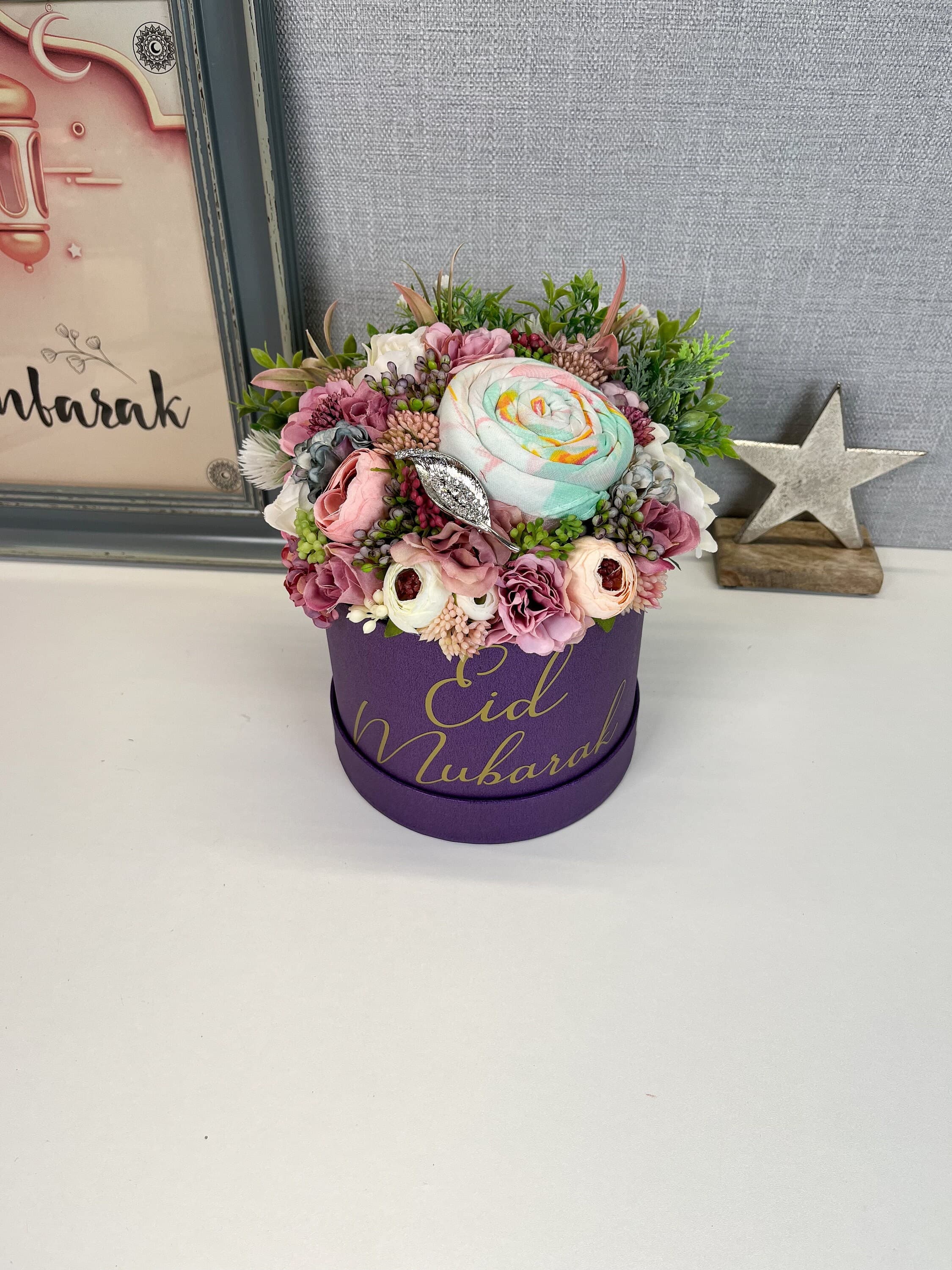Personalised Eid Scarf Brooch Bouquet, Islamic Gift Set