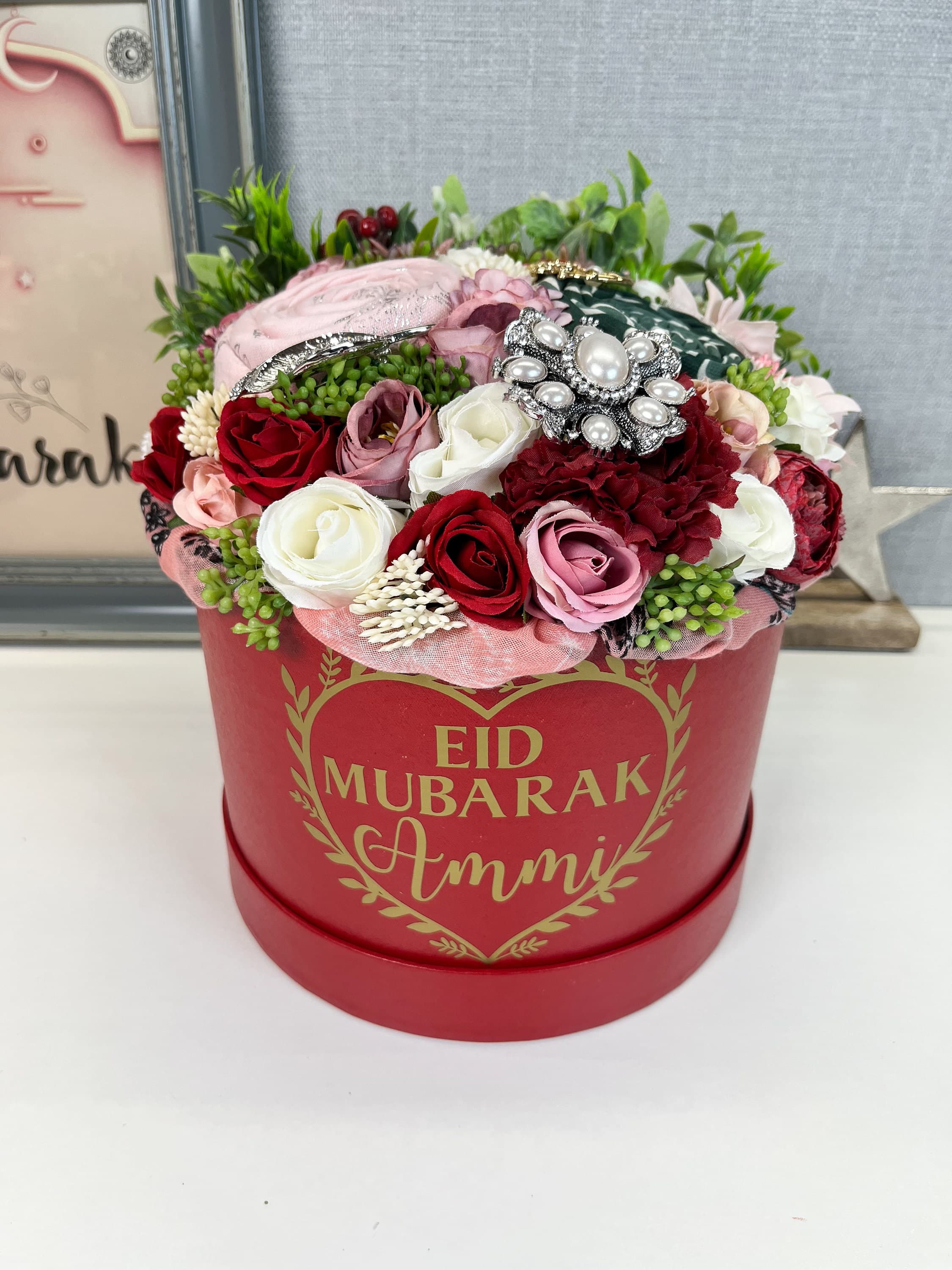 Personalised Eid Scarf Brooch Gift Set, Artificial Flowers Bouquet
