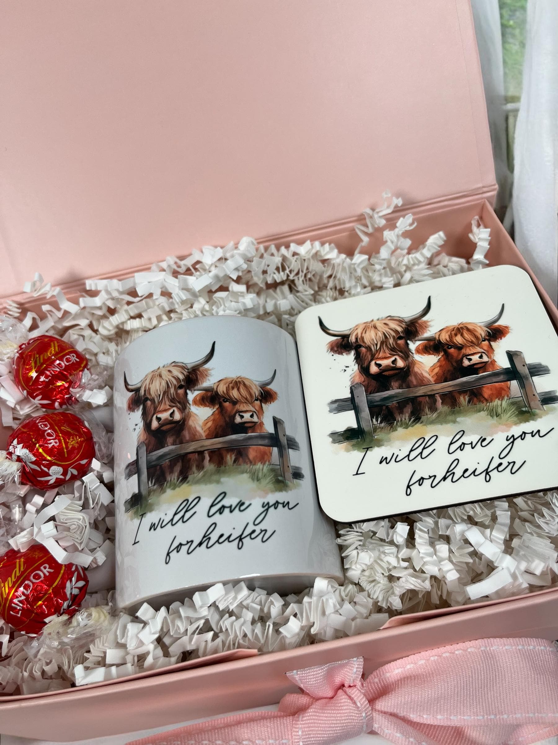 Highland Cow, Mug and Coaster "I will love you Forheifer'